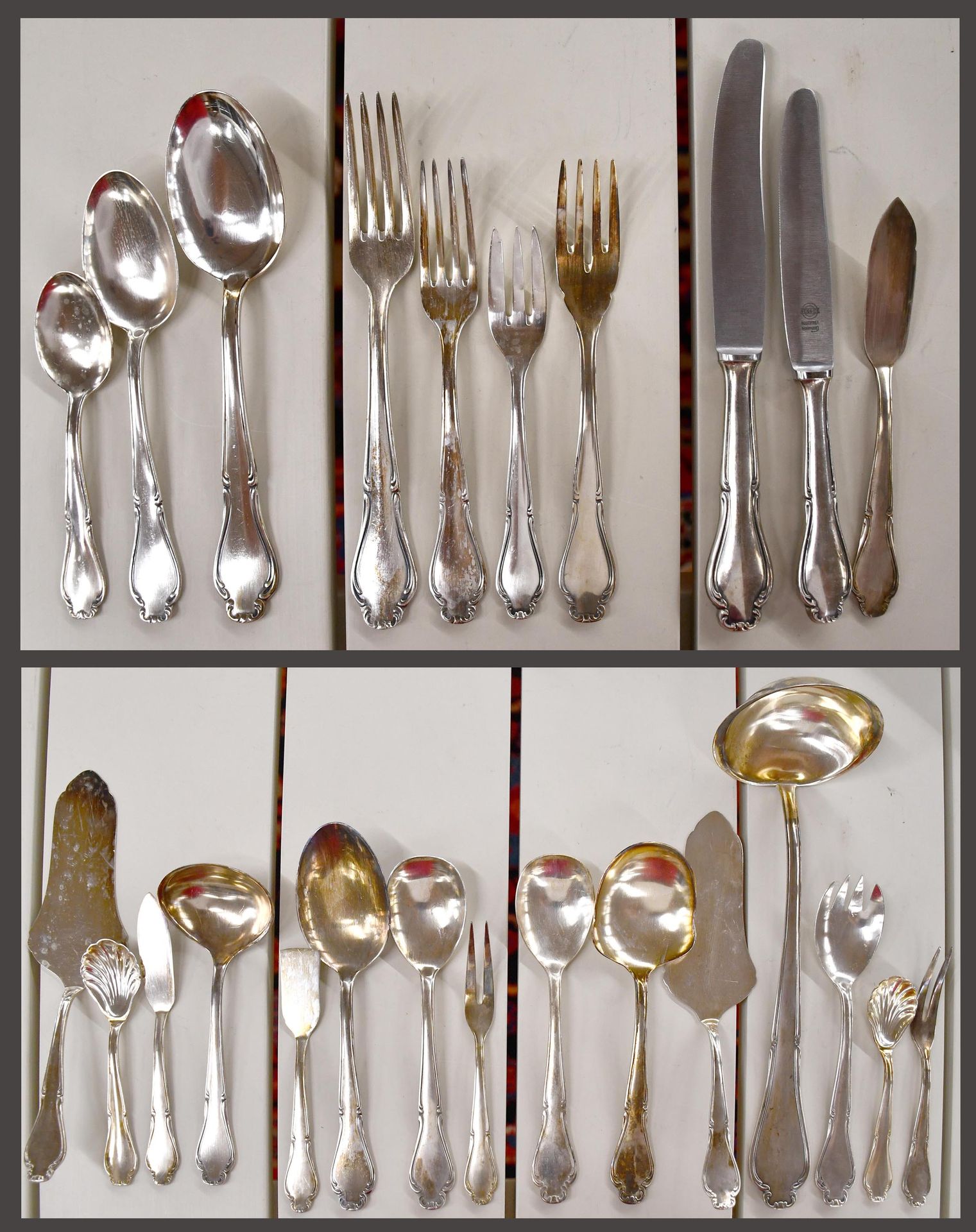 Null 路易十四风格的镀银餐具组

包括120件+异形件：12把叉子，12把餐具，12把汤匙，12把首发叉，12把首发餐具，12把甜点匙，12把鱼叉，12把鱼&hellip;
