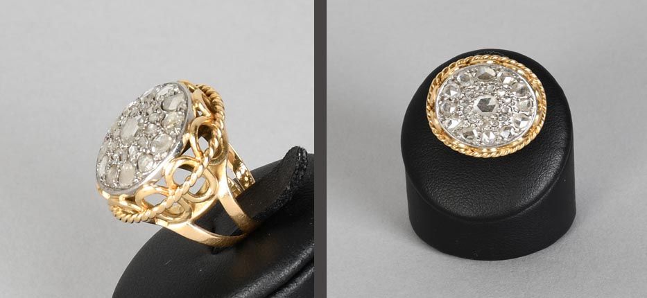 Null 珠宝首饰

十八克拉黄金戒指，镶有一圈老式切割钻石。总重量：+7,4克。