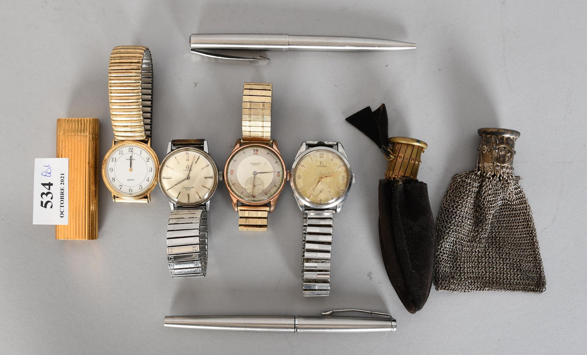 Null 珠宝首饰

杂项拍卖：四只手表，包括欧米茄，菲斯蒂纳和环球，一只卡地亚打火机，两只圆珠笔，包括一只派克和两个钱包。