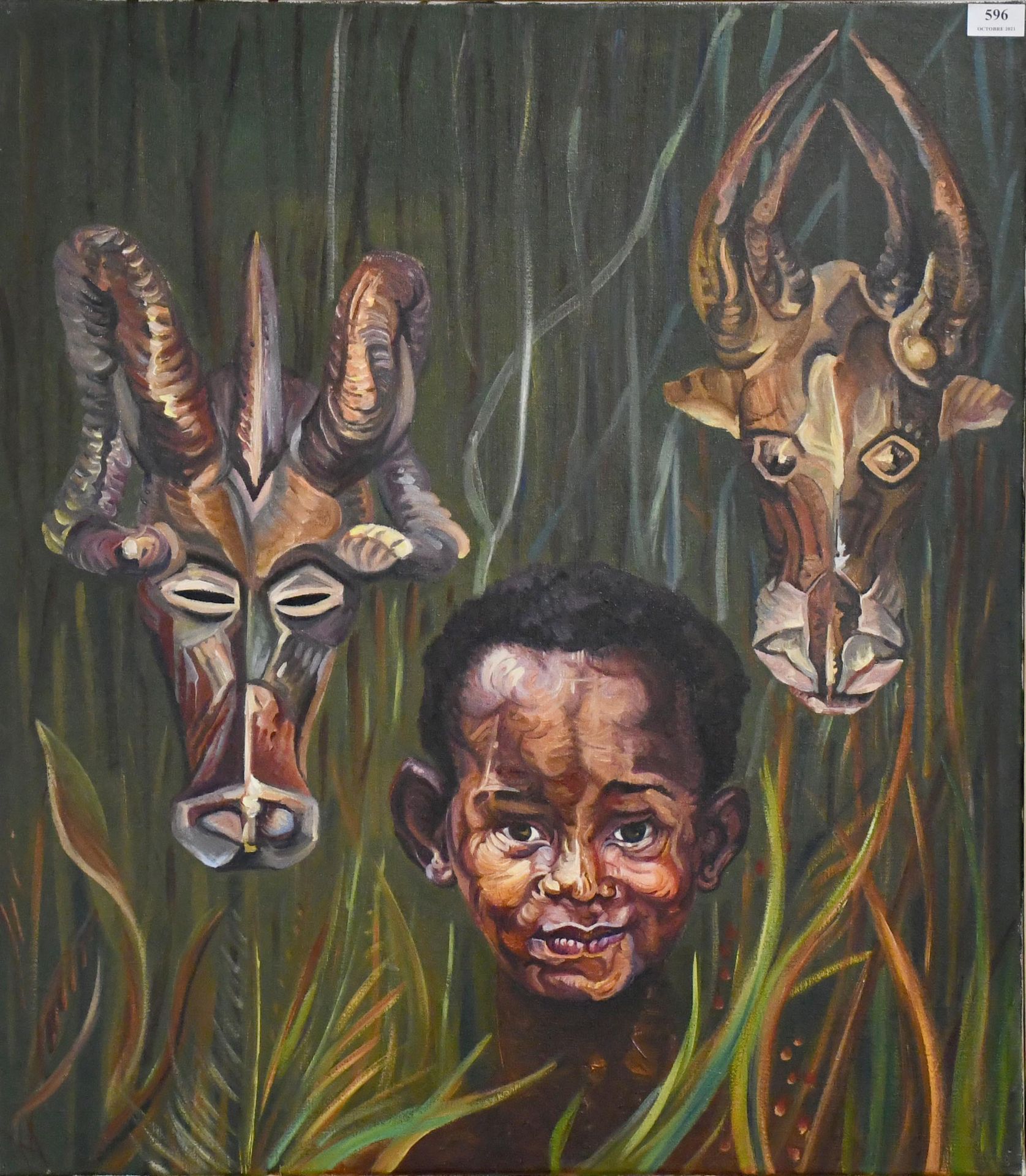 Null Henriette Dessers

布面油画："戴面具的非洲青年"。有图案的。尺寸：81厘米×71厘米。