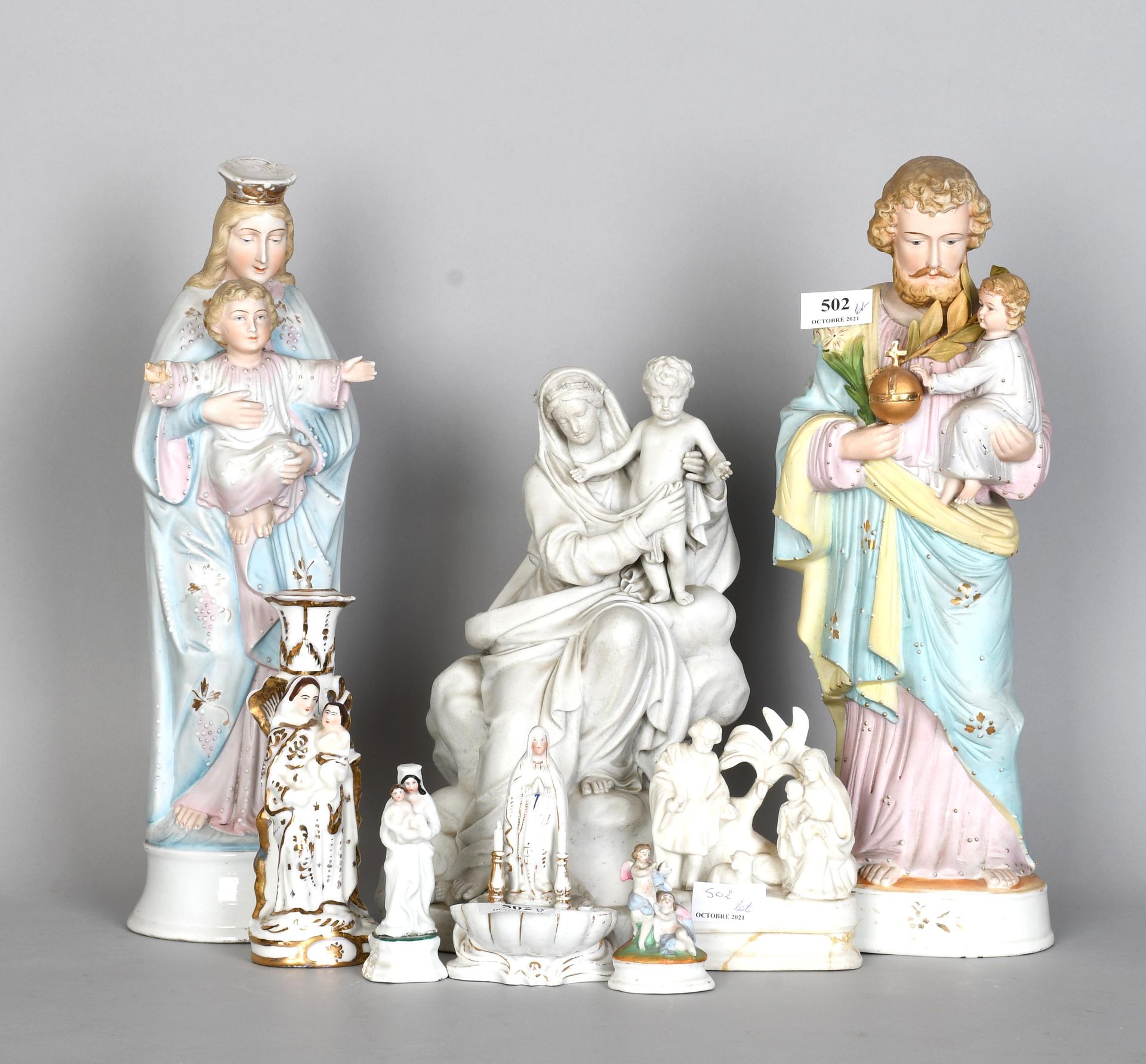 Null Saint Joseph and Virgin and Child in polychrome biscuit (accident), and, va&hellip;