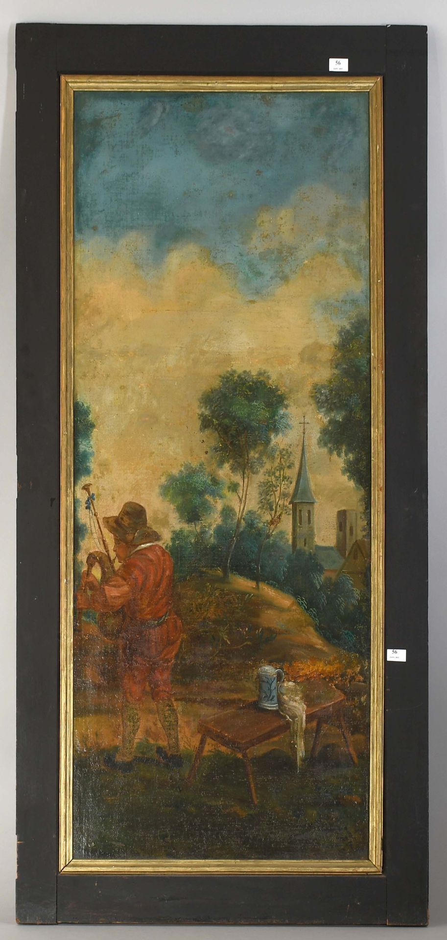Null 18世纪的绘画

布面油画重涂："风景和钟楼背景上的吹笛人"。修复。

尺寸：140厘米×60厘米。