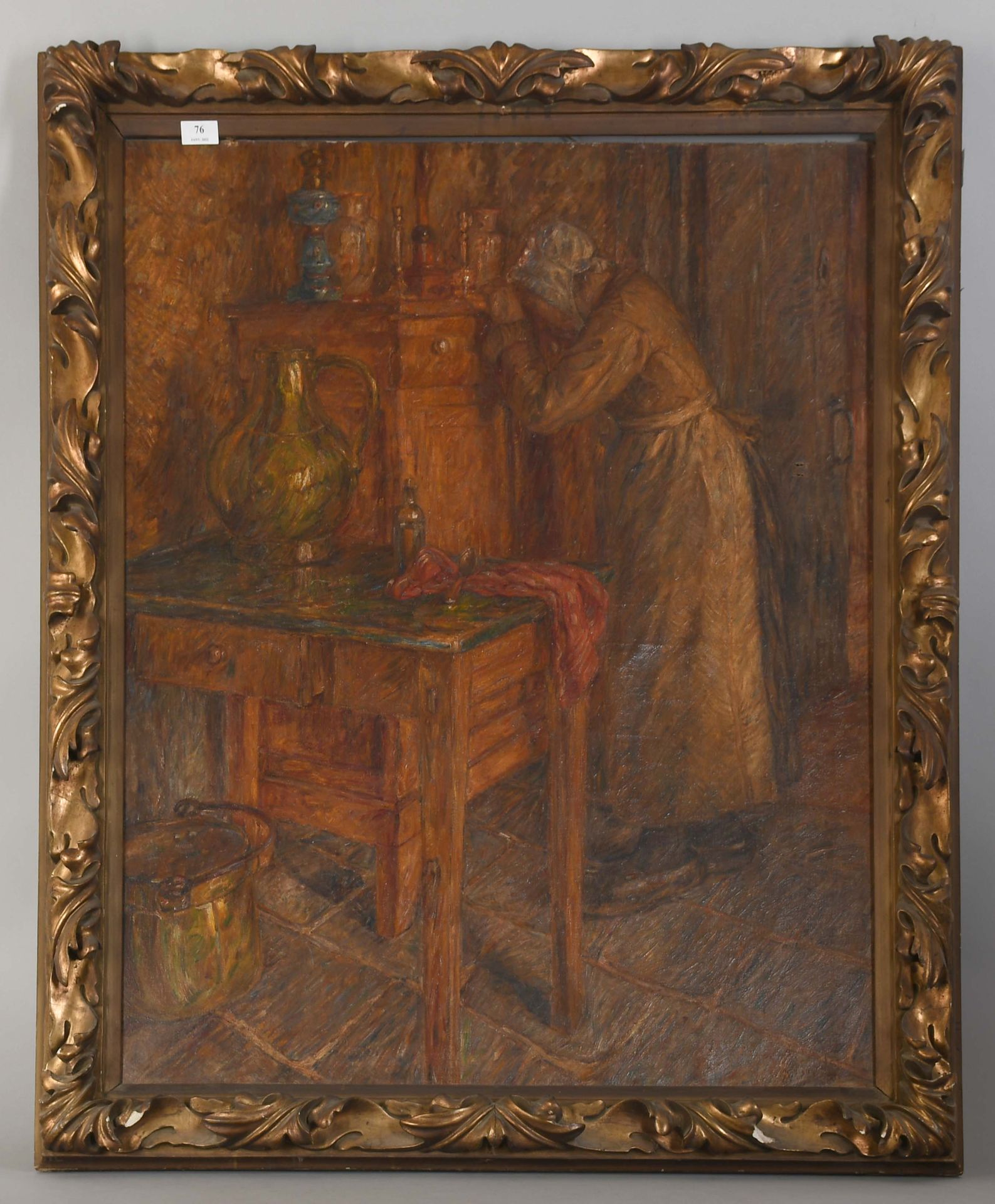 Null Robert Houpels

布面油画："室内的老太太"。签名和日期。一次事故和旧的修复。

尺寸：100厘米×80厘米。