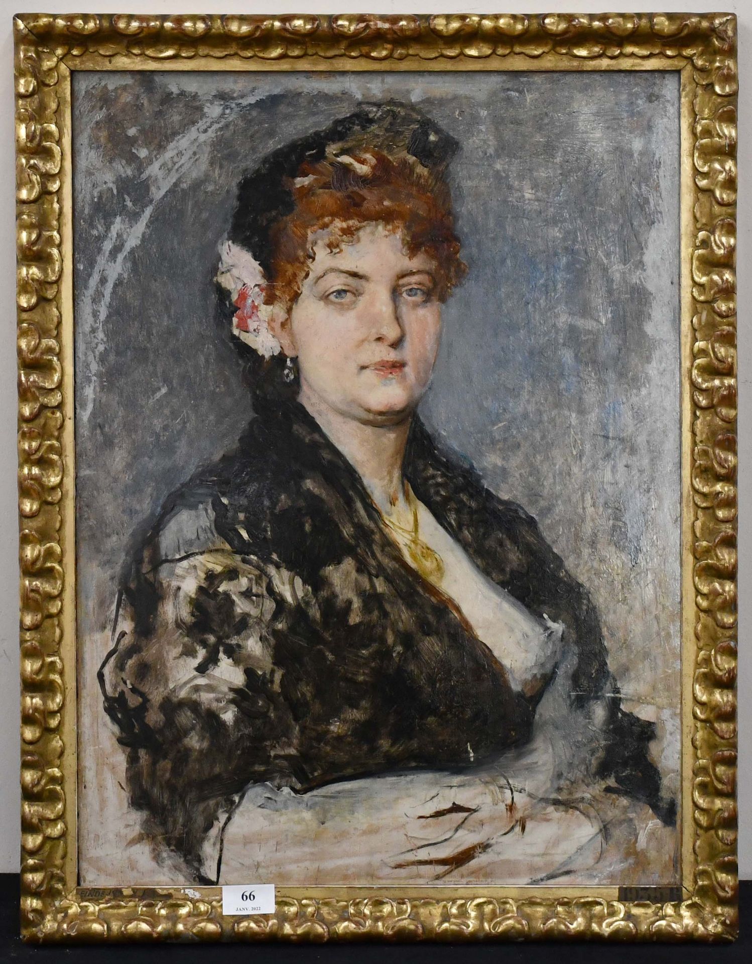 Null 归属于阿德里安-杜帕涅的作品

油画："优雅女士的肖像"。无符号。

尺寸：60厘米×44厘米。