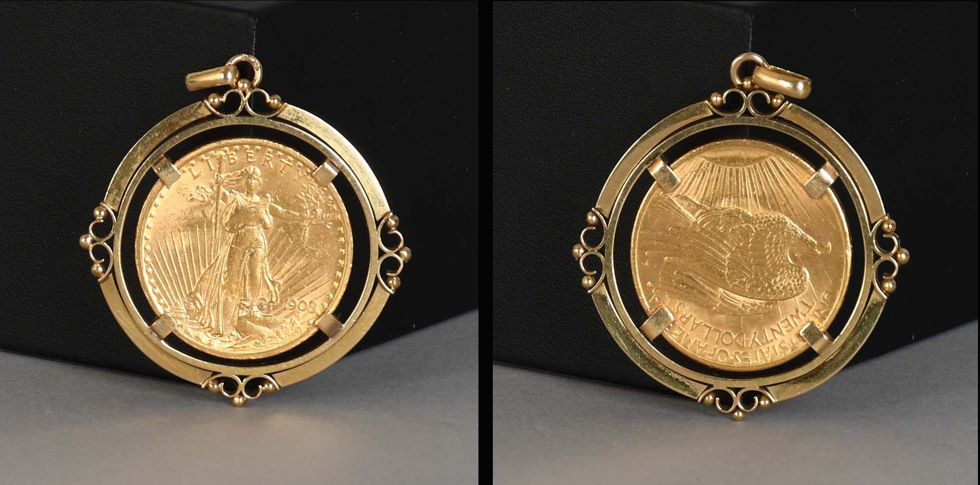 Null Als Anhänger montierte 20-US-Dollar-Münze aus Gelbgold mit St. Gaudens-Deko&hellip;