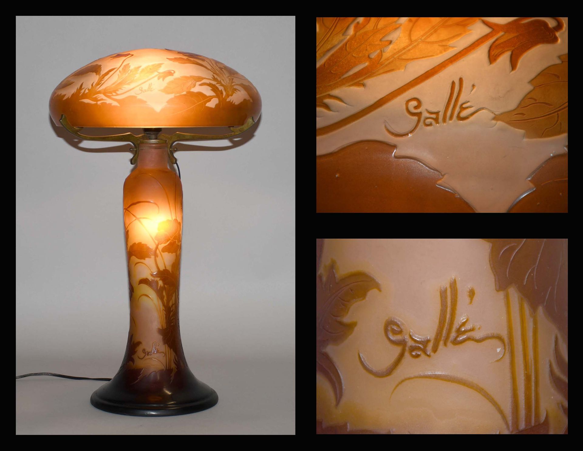 Null Emile Gallé

蘑菇灯，棕色，黄色和橙色的多层玻璃，酸蚀的花卉和叶子装饰。脚下和穹顶都有签名。

高度：52厘米。