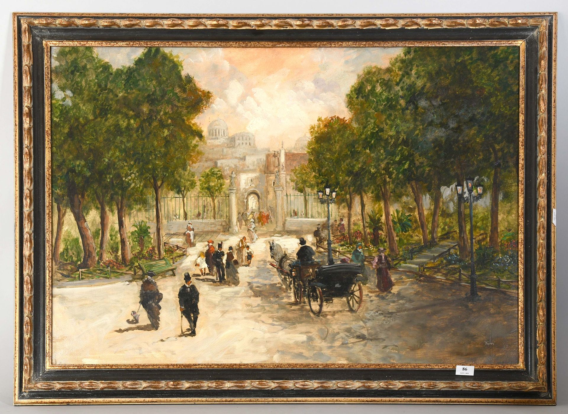 Null 苠迮郇郋郅郋迣邽迮郕邽邿

布面油画："美丽时代的活泼的巴黎花园"。签名。

尺寸：70厘米×100厘米。