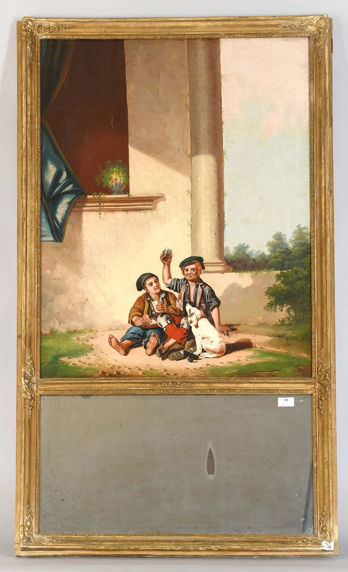 Null Mantel de estuco dorado con un óleo sobre lienzo del siglo XIX con jóvenes &hellip;