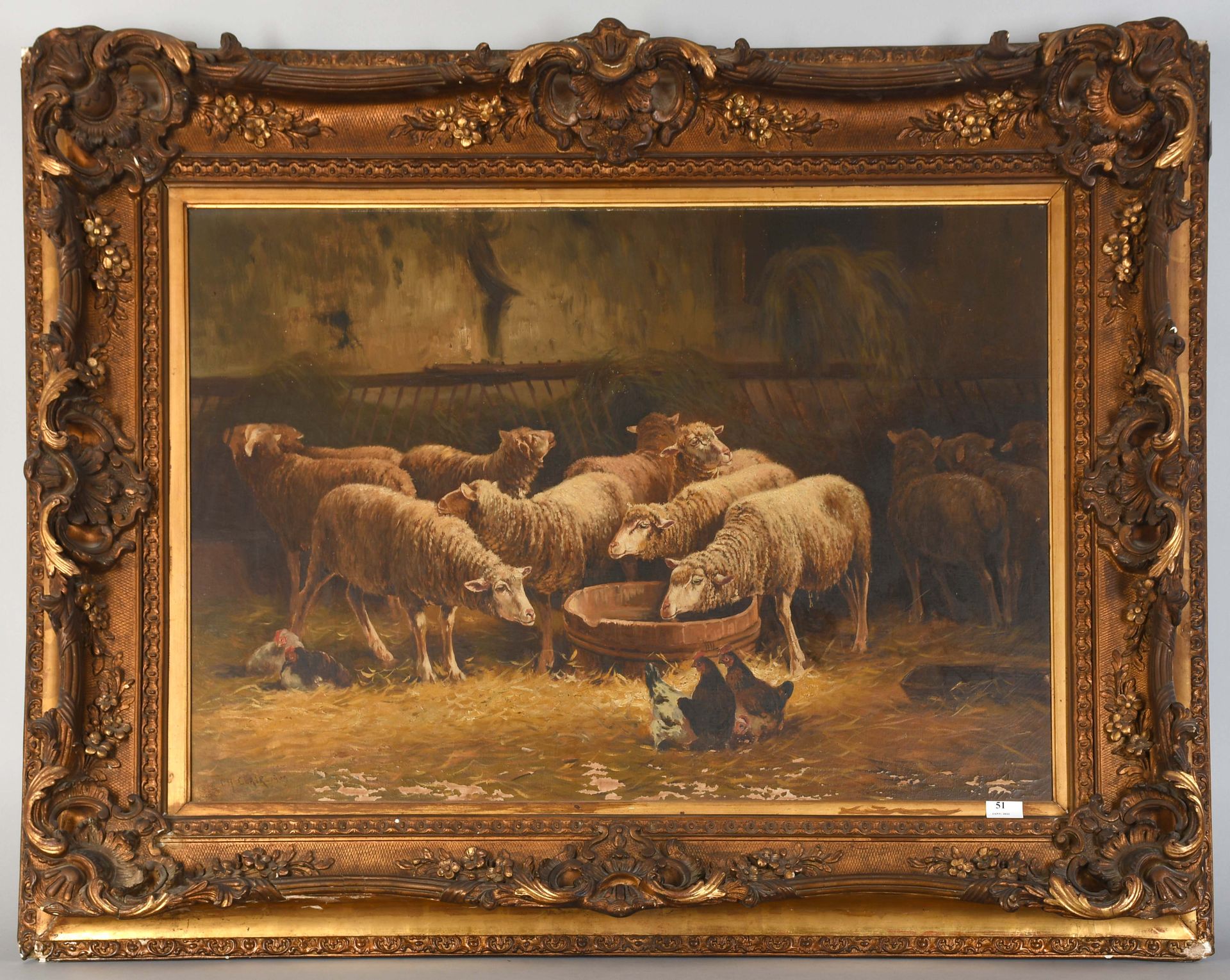 Null 查尔斯-克莱尔

布面油画："羊群在马厩中饮水和畜舍"。底部的材料有空隙。签名和日期为1909年。

尺寸：66厘米×93厘米。
