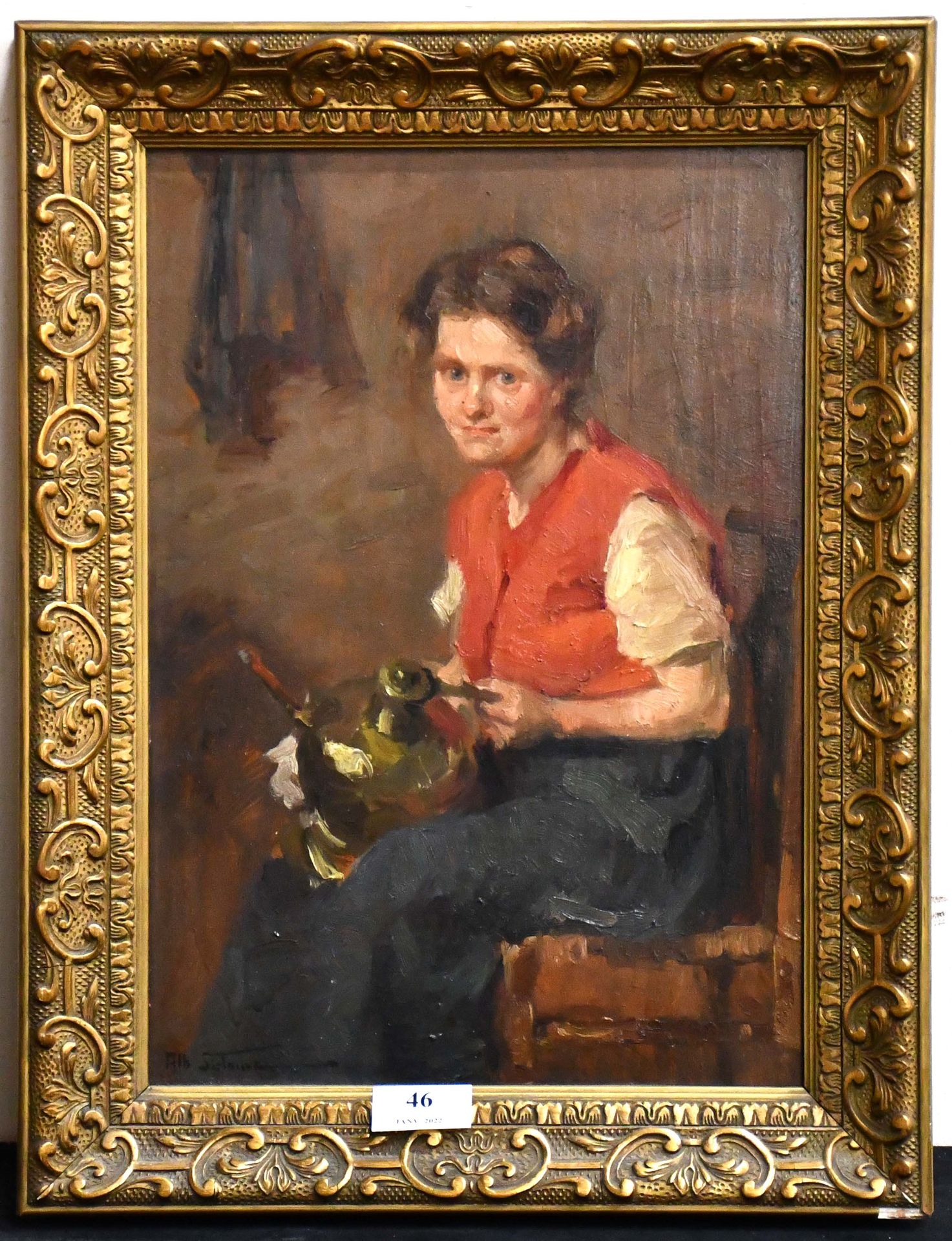 Null Albert Sirtaine

油画："家庭主妇刮铜"。签名。

尺寸：38厘米×26厘米。