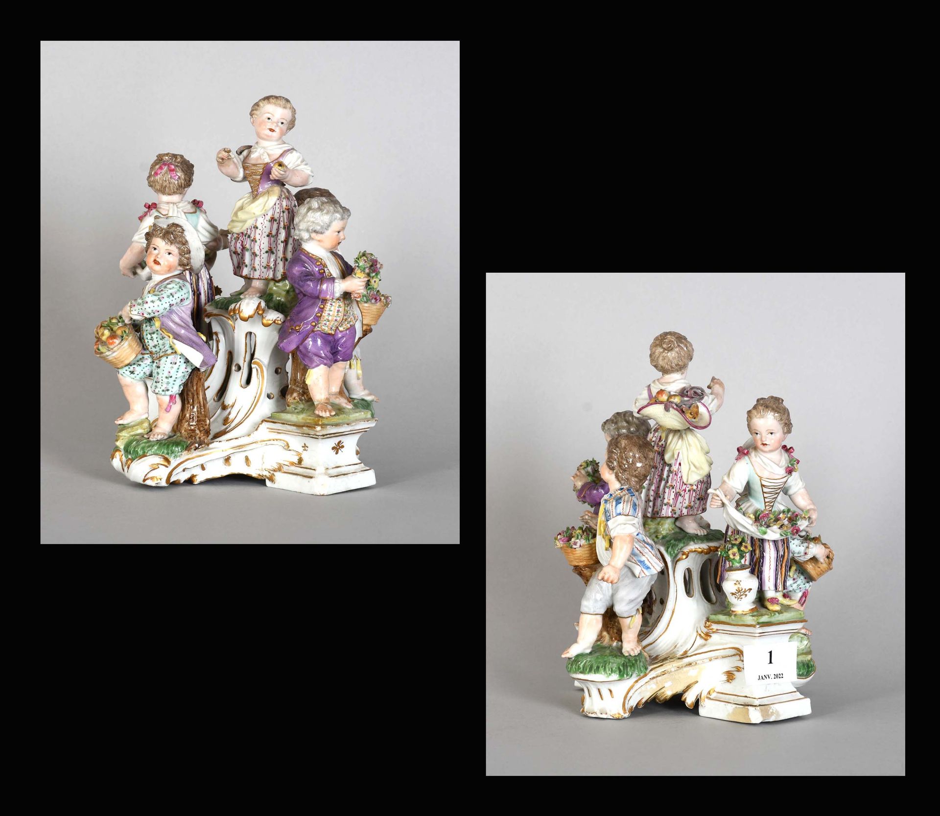 Null Groupe de cinq personnages, en porcelaine polychrome sur terrasse Louis XV &hellip;