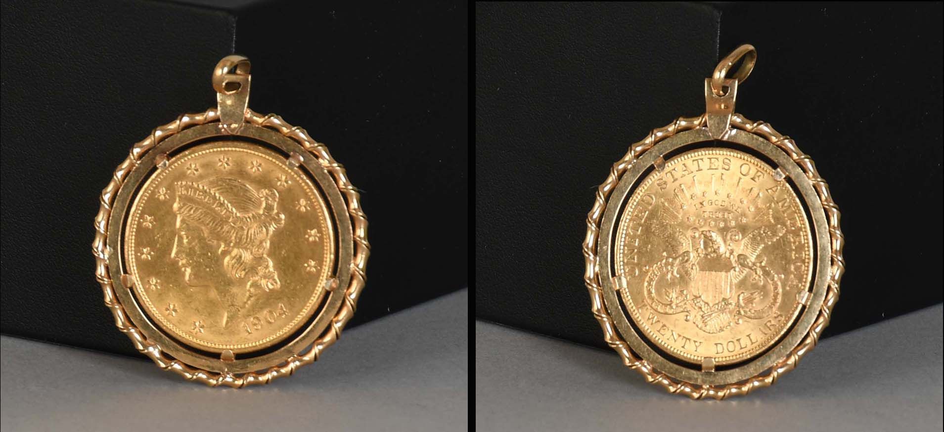 Null Als Anhänger montierte 20-US-Dollar-Münze aus Gelbgold - Umrandung aus acht&hellip;