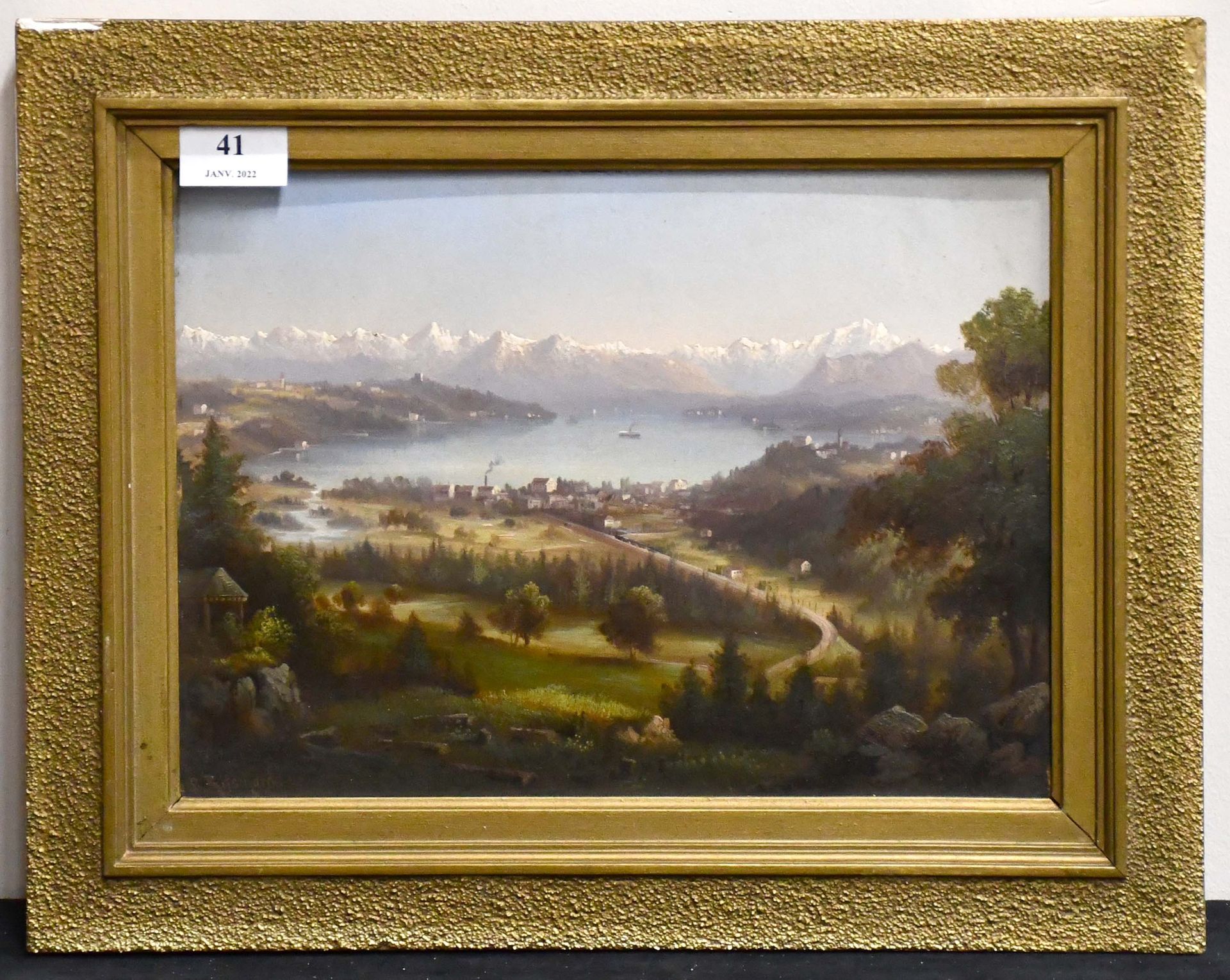 Null L. Ritschard

Oil on cardboard: "Animated lake landscape, city on a backgro&hellip;