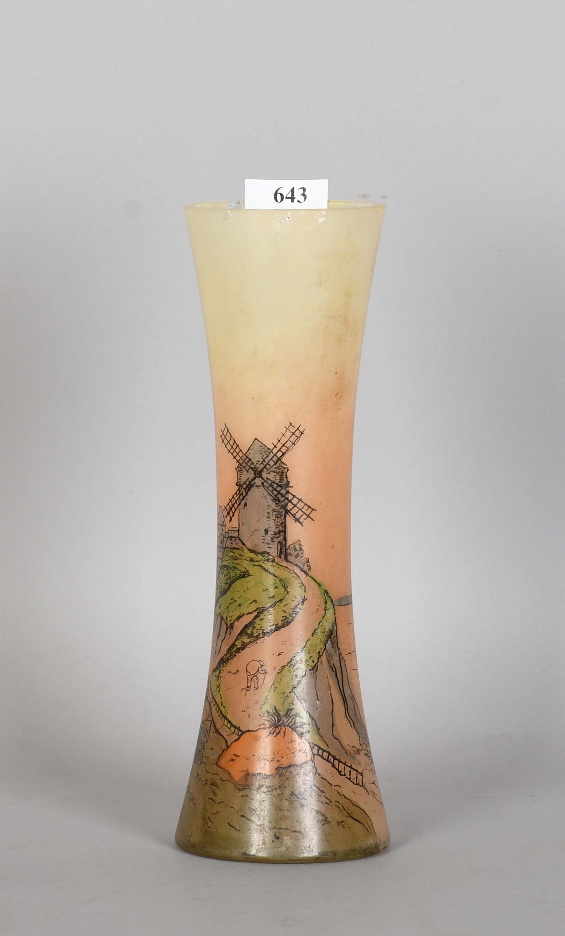 Null Legras

Enamelled glass vase with animated windmill decoration. Signed. A s&hellip;