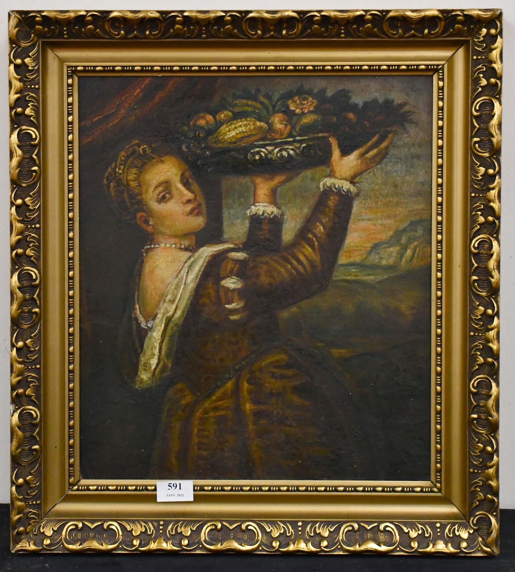 Null Painting probably from the 19th century

Oil on panel : "Lady with a fruit &hellip;