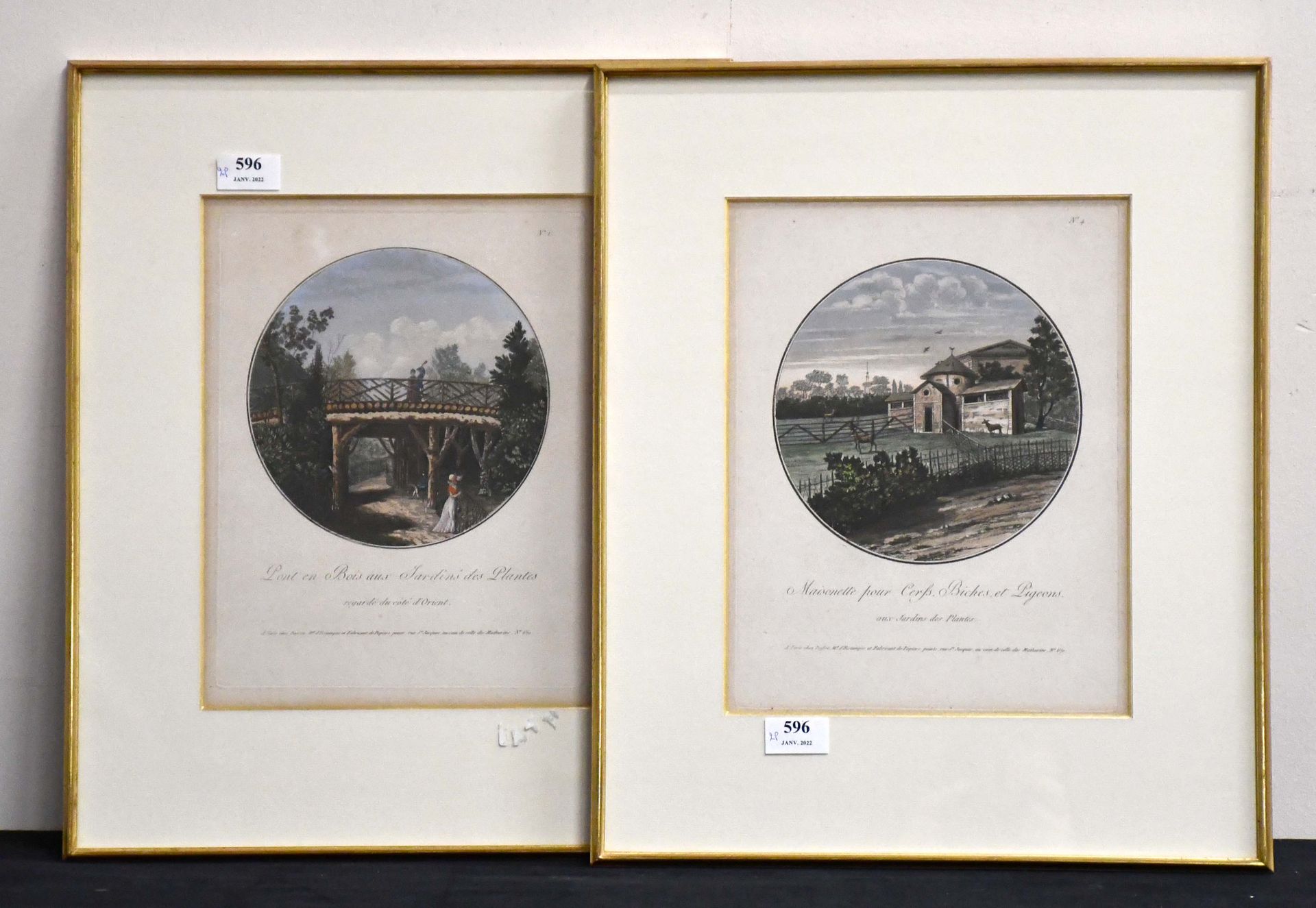 Null Pair of framed colored engravings : "Deer houses" and "Wooden bridge in the&hellip;