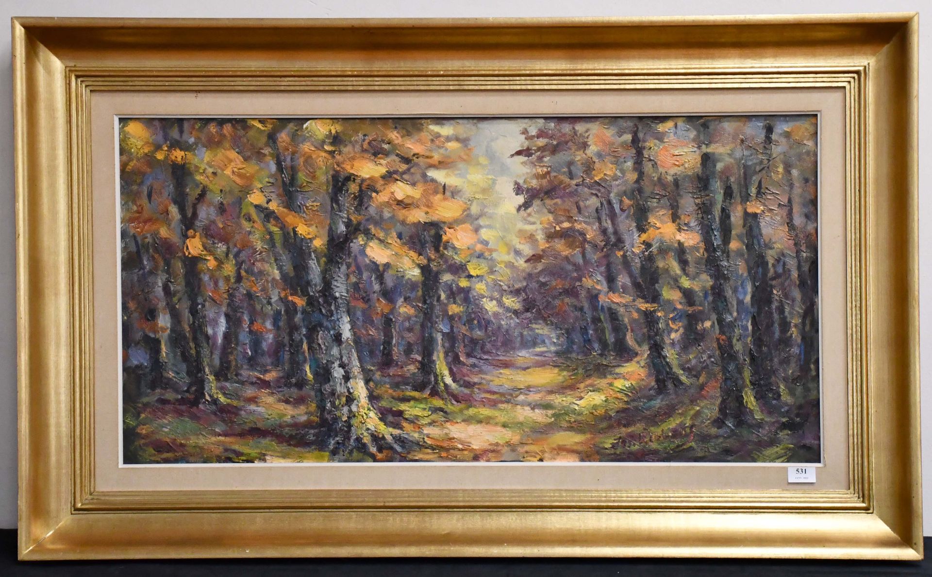 Null Jos Ribbens

布面油画："秋天的树木之路"。签名。

尺寸：50厘米×100厘米。