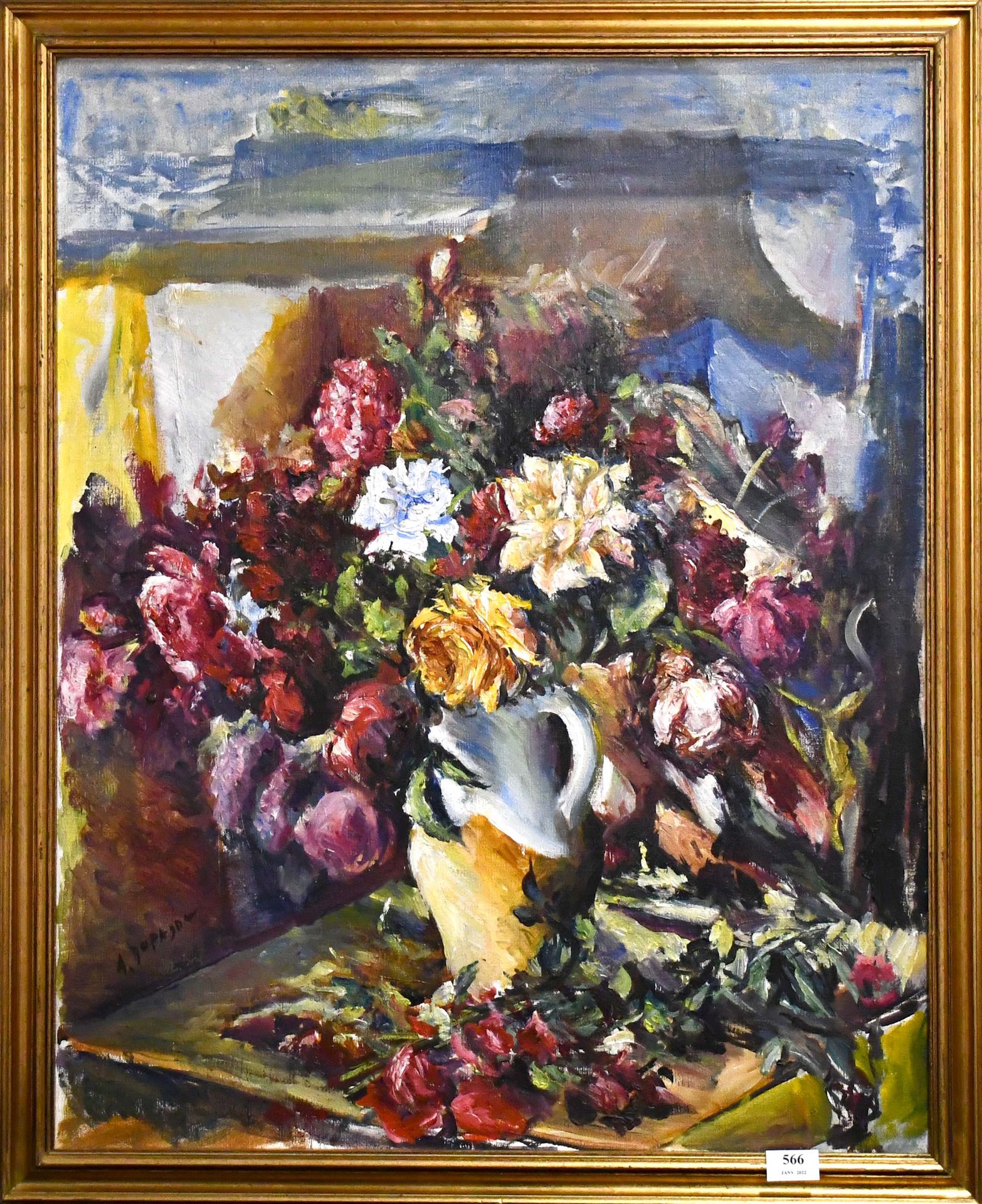 Null Adrien Dupagne

布面油画："有花的静物"。艺术家工作室的背景。

尺寸：80厘米×65厘米。