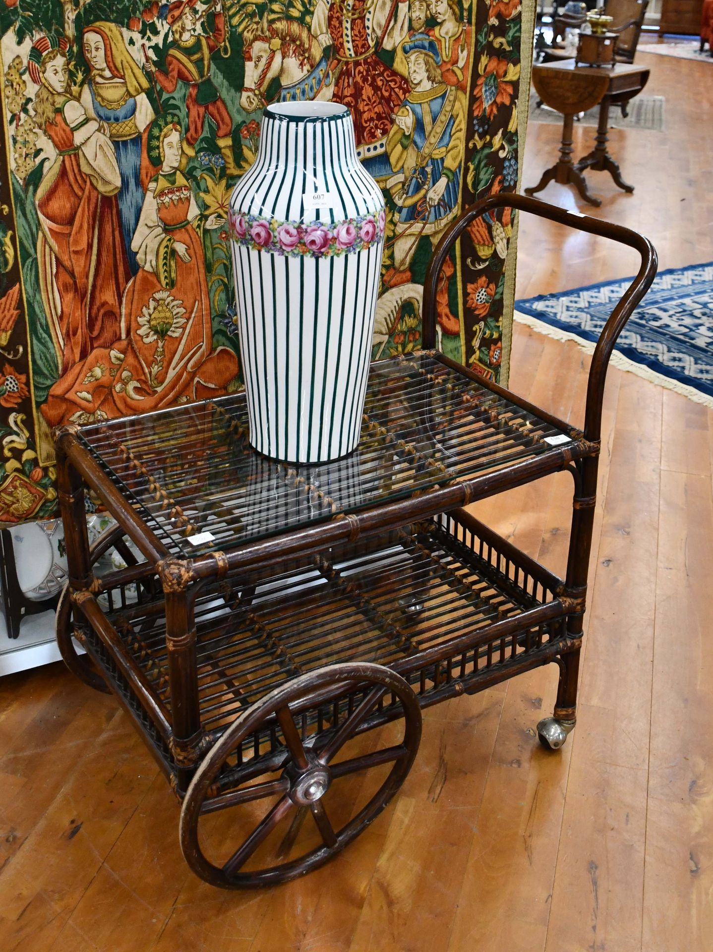 Null Vintage rattan trolley with smoked glass shelves