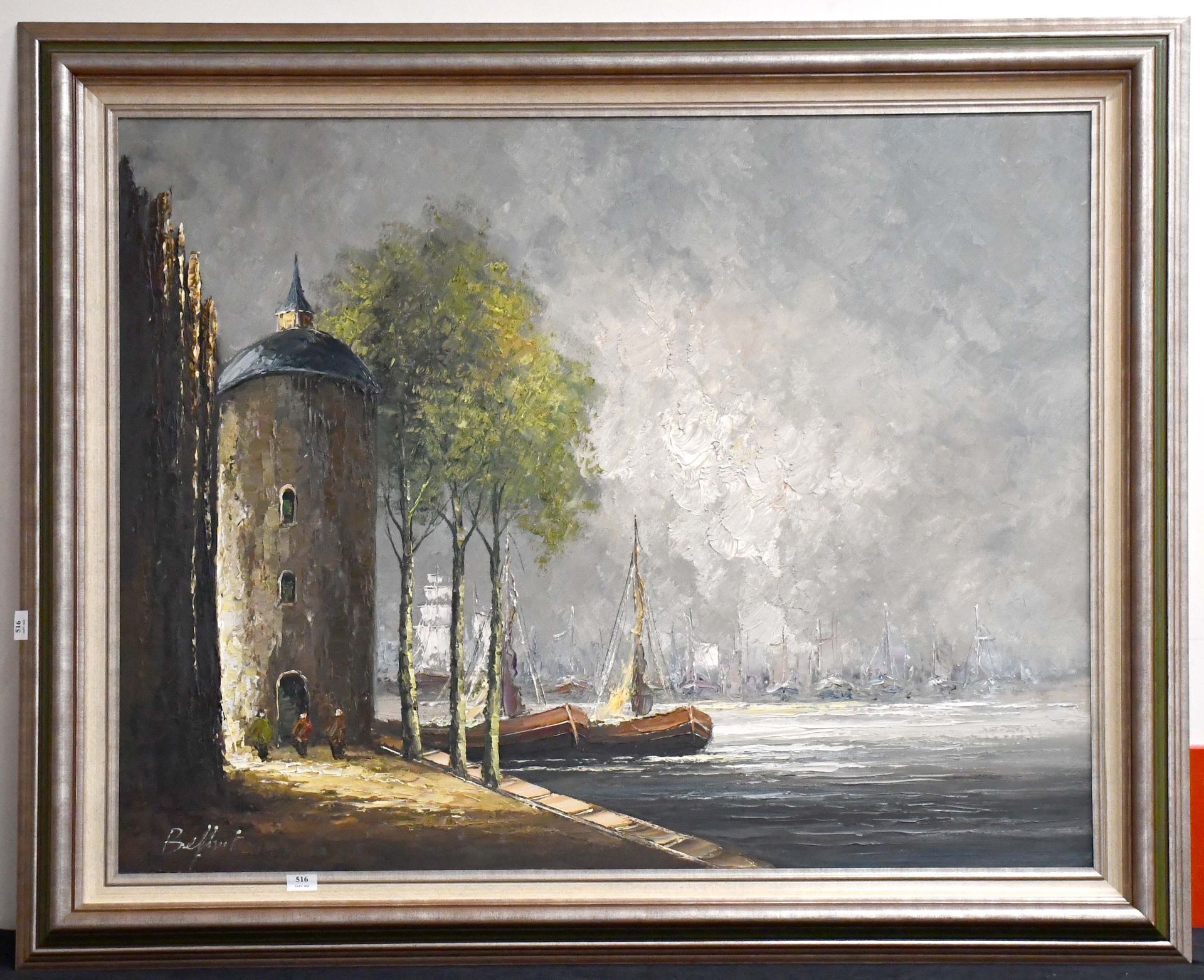 Null Belfort

布面油画："热闹的码头、塔楼和帆船"。签名。

尺寸：100厘米×125厘米。