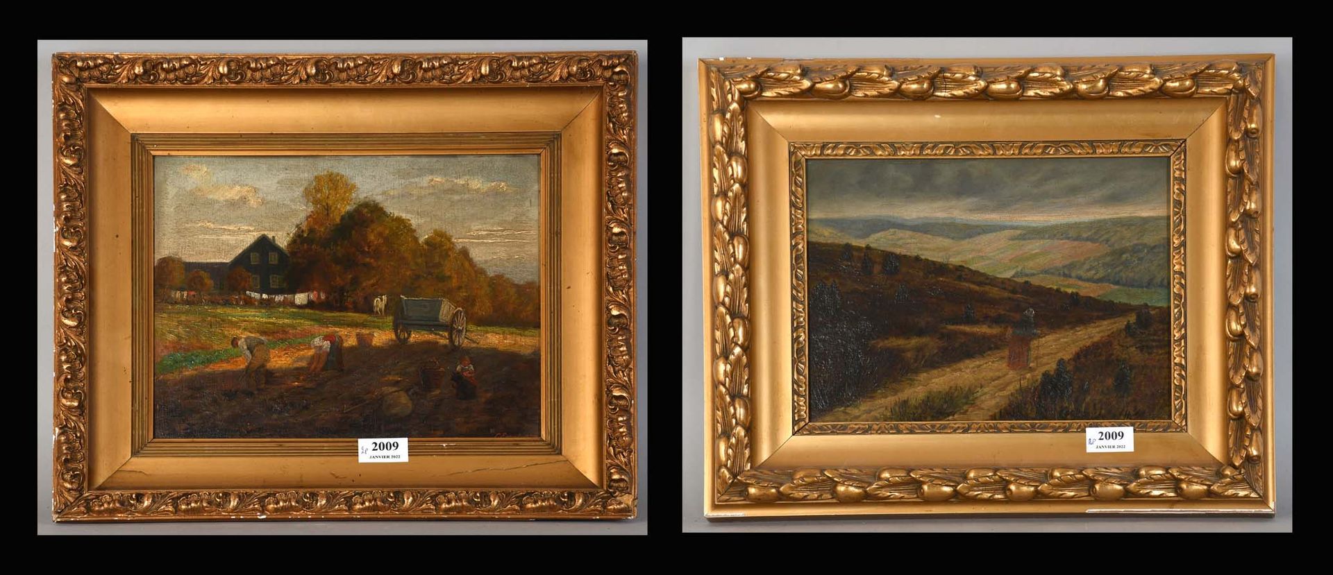 Null 两幅画

一幅板上油画和一幅纸板油画："农民在工作"。签名和日期。

尺寸：24厘米×30厘米。