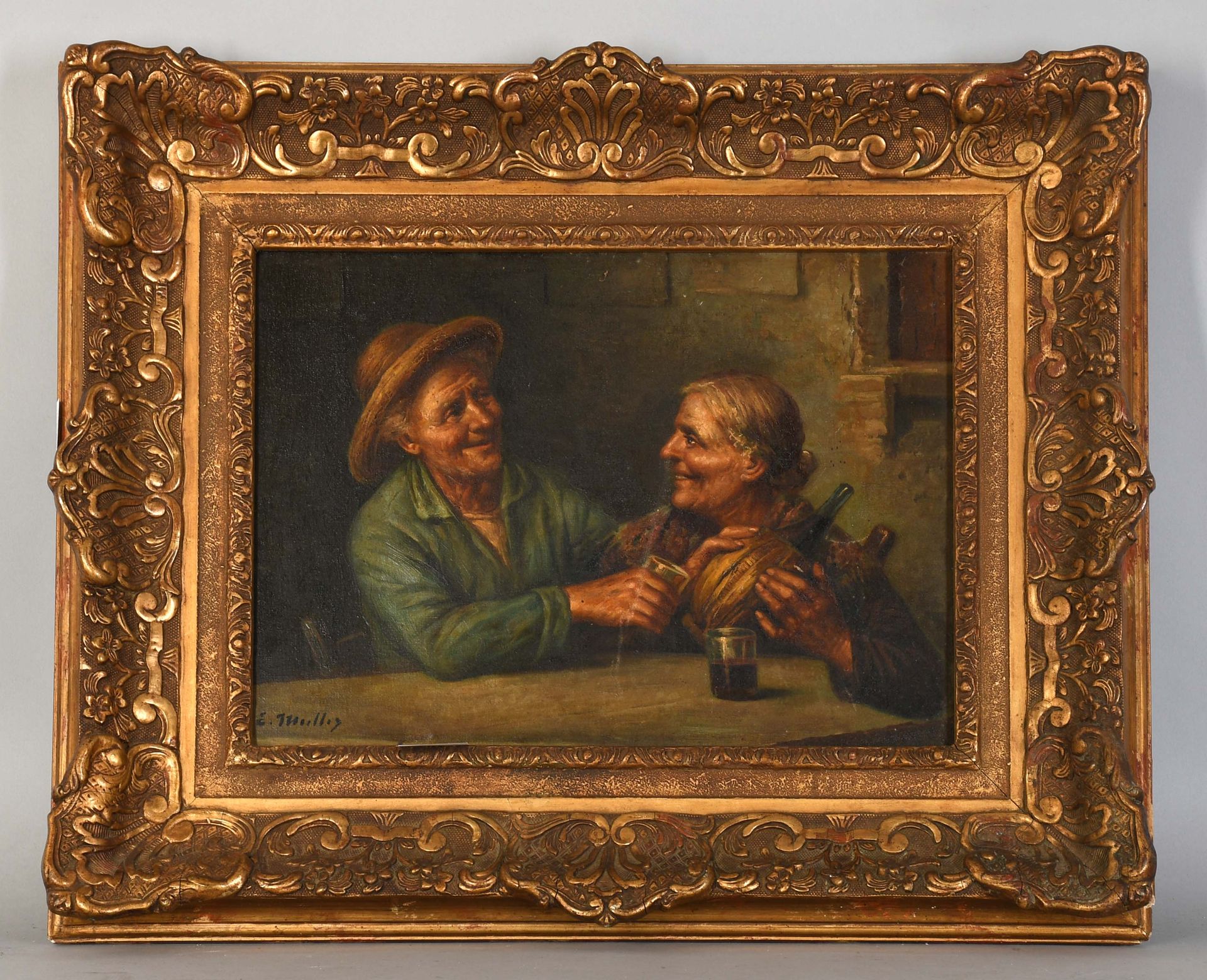 Null E.慕勒

布面油画："拿着一瓶波特酒的老夫妇"。签名。

尺寸：29厘米×40厘米。