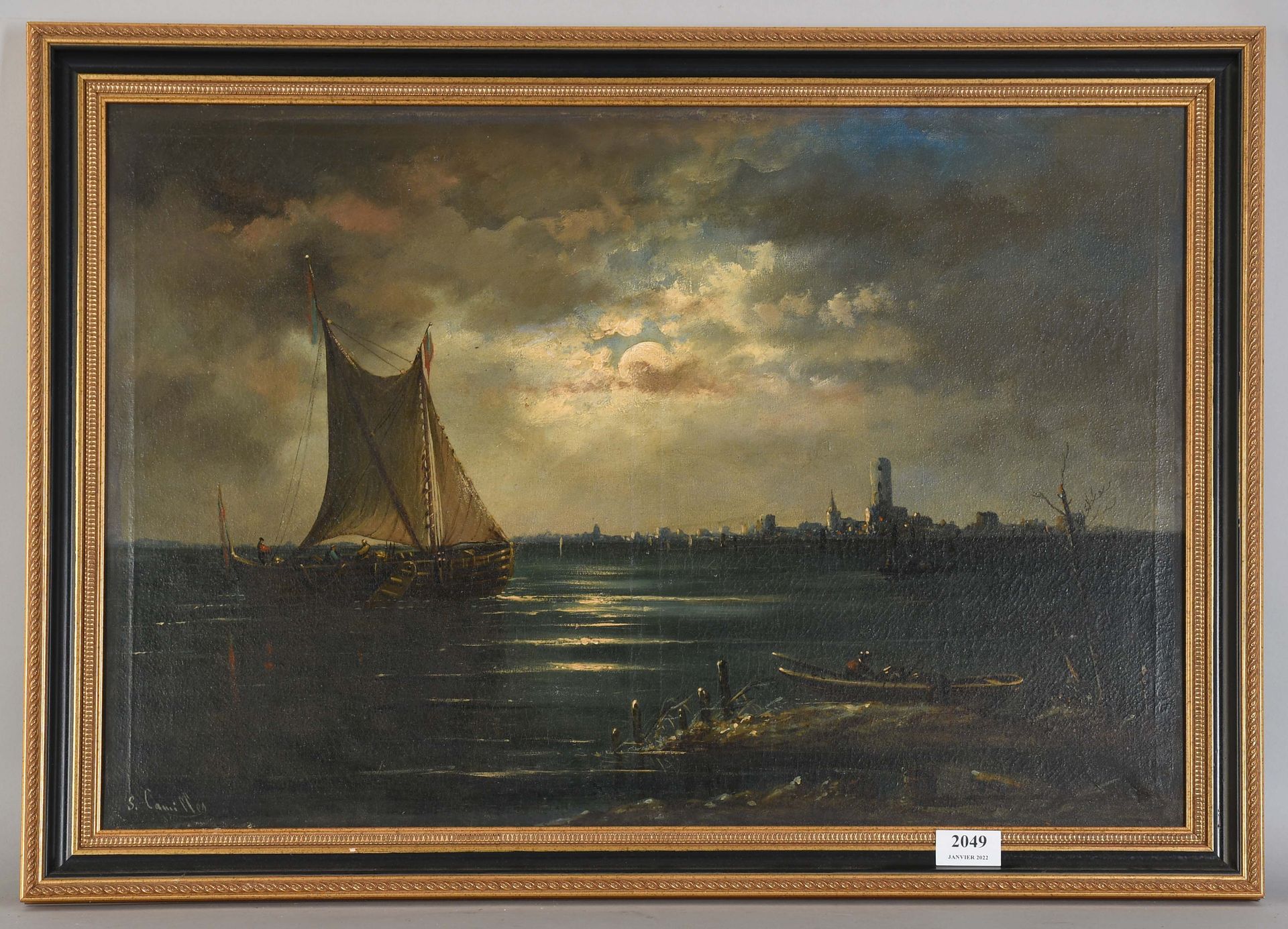 Null S.卡米耶斯

布面油画：《月光下的海洋、帆船和渔民》。签名。事故。

尺寸：45厘米×65厘米。