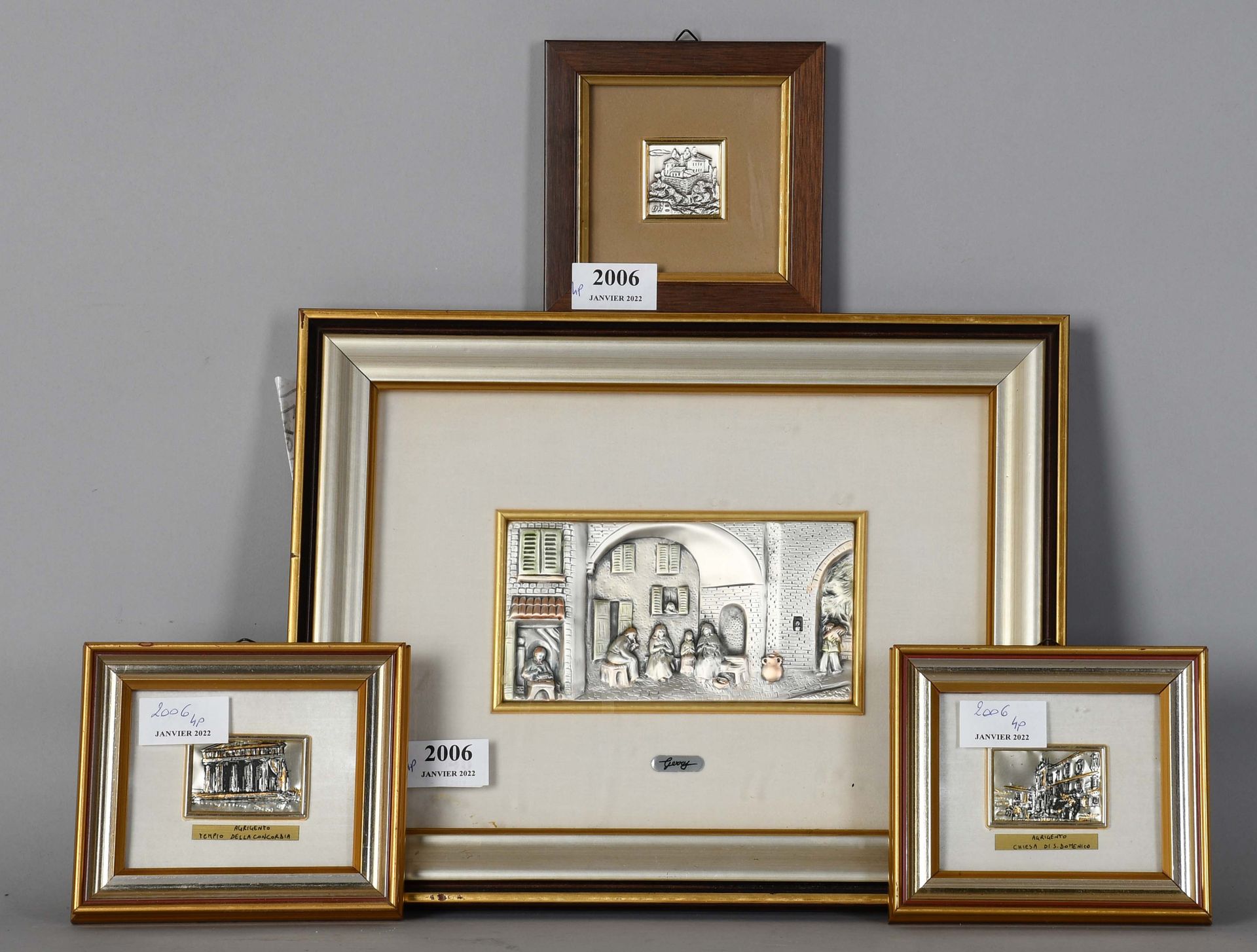 Null Lot of four framed bas-reliefs, in silver 925 thousandths