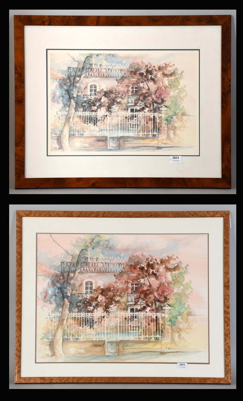 Null Loïc Barreau

水彩画："梅树和格子"。题目是。签名。复制品见附件。

尺寸：43厘米×63厘米。