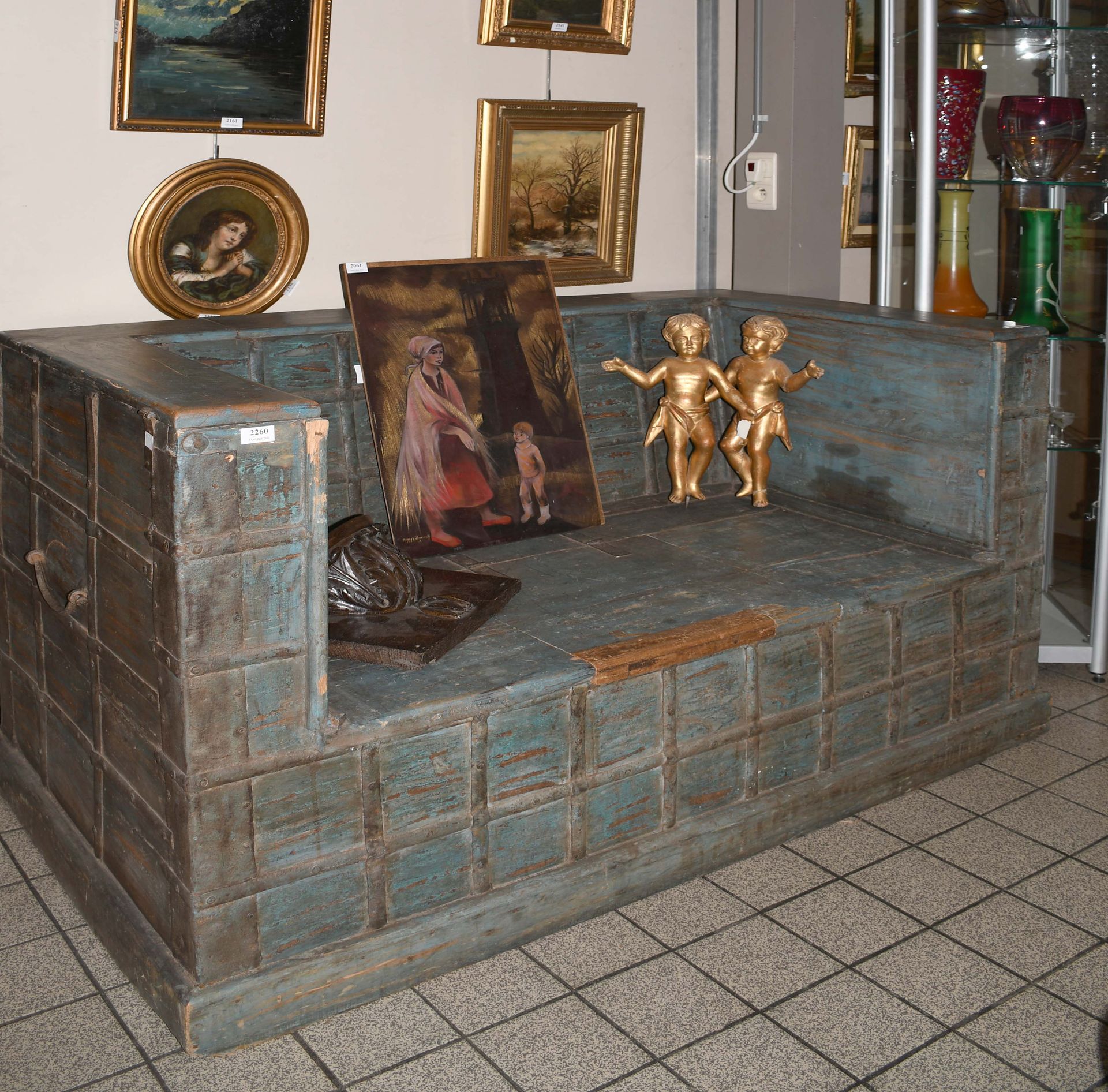 Null Banco caja de madera antigua con pátina y bisagras de hierro, con compartim&hellip;