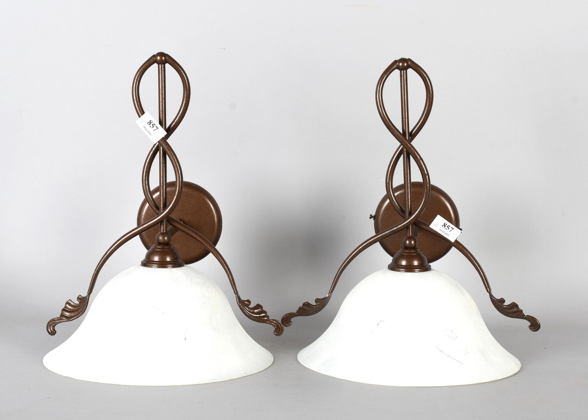 Null Pair of wall sconces in patinated metal and glass domes

Height : 40 cm.