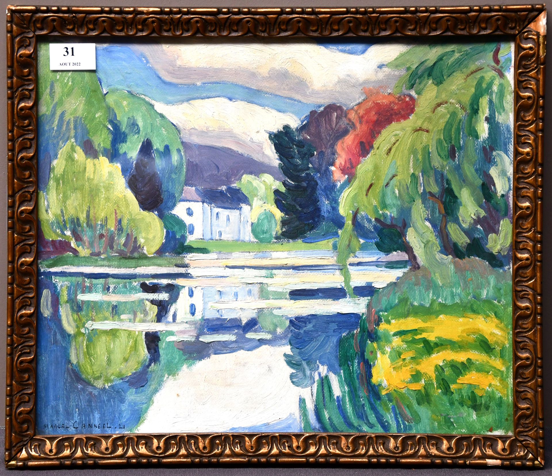 Null Marcel Canneel

油画：《有树的湖景》。签名和日期 21.

尺寸：33厘米×40厘米。