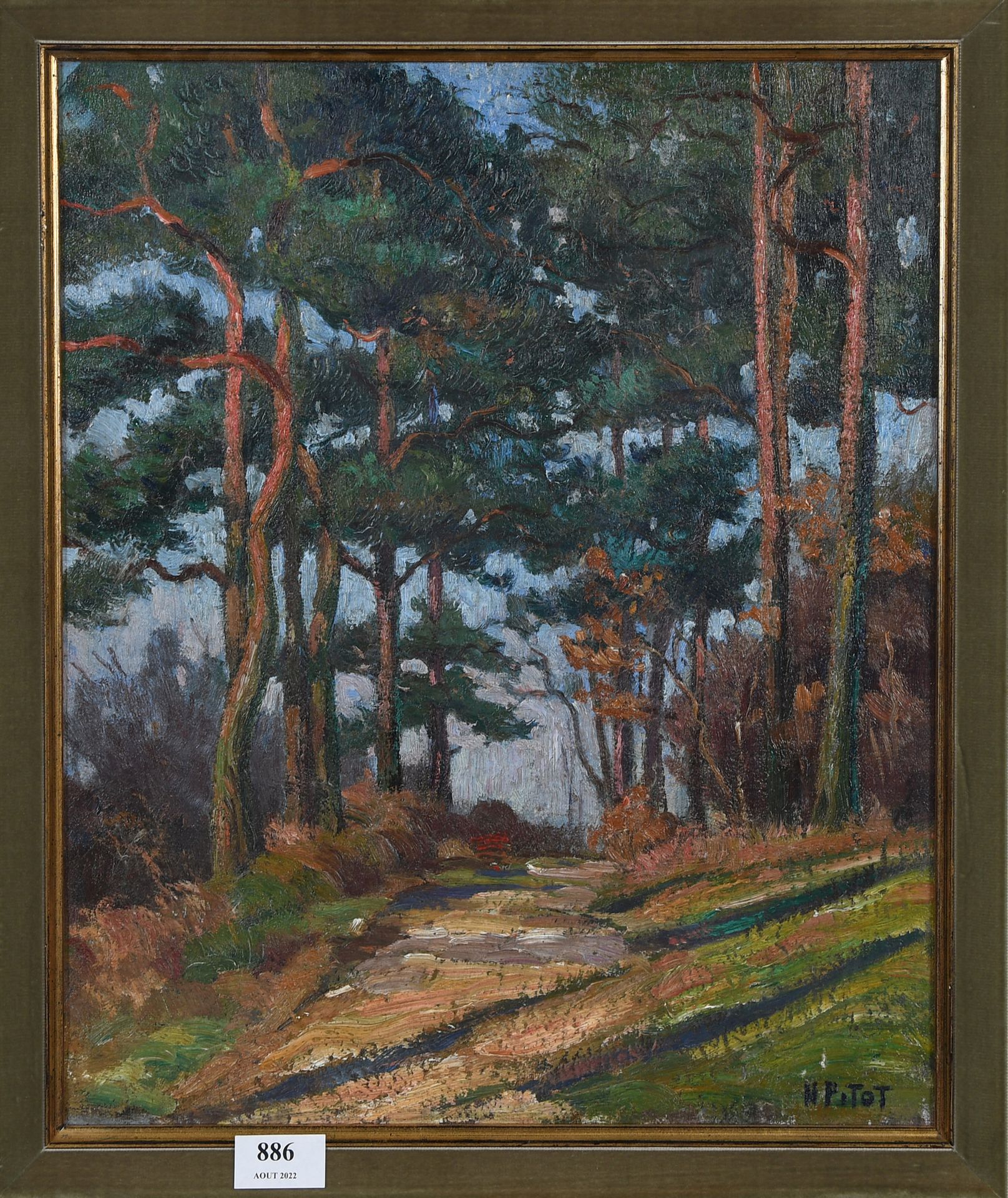 Null Nicolas Pitot

布面油画："有松树的小路"。签名。

尺寸：46厘米×38厘米。