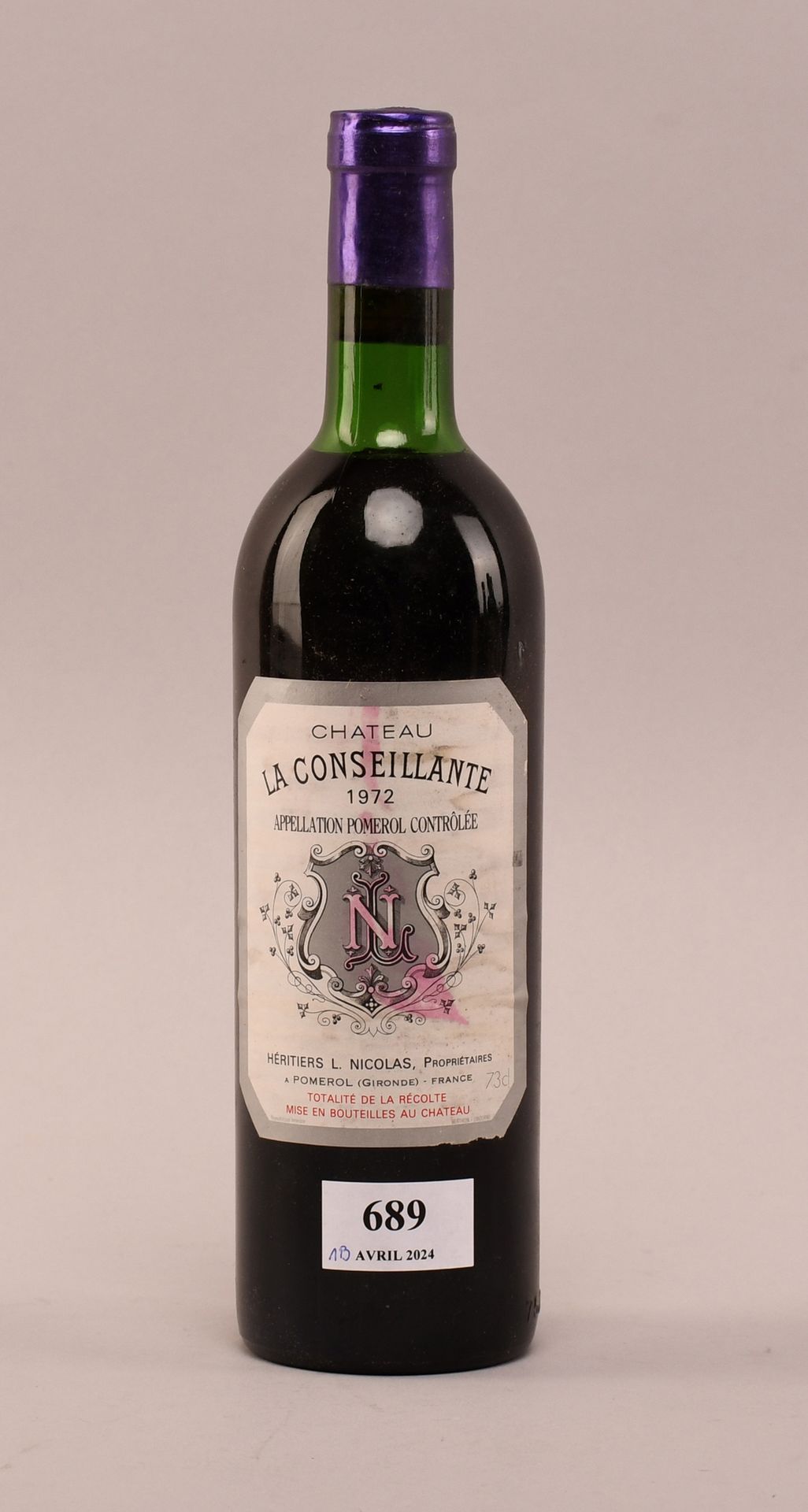 Null Château La Conseillante 1972 - Mise château - Une bouteille de vin
Pomerol.&hellip;