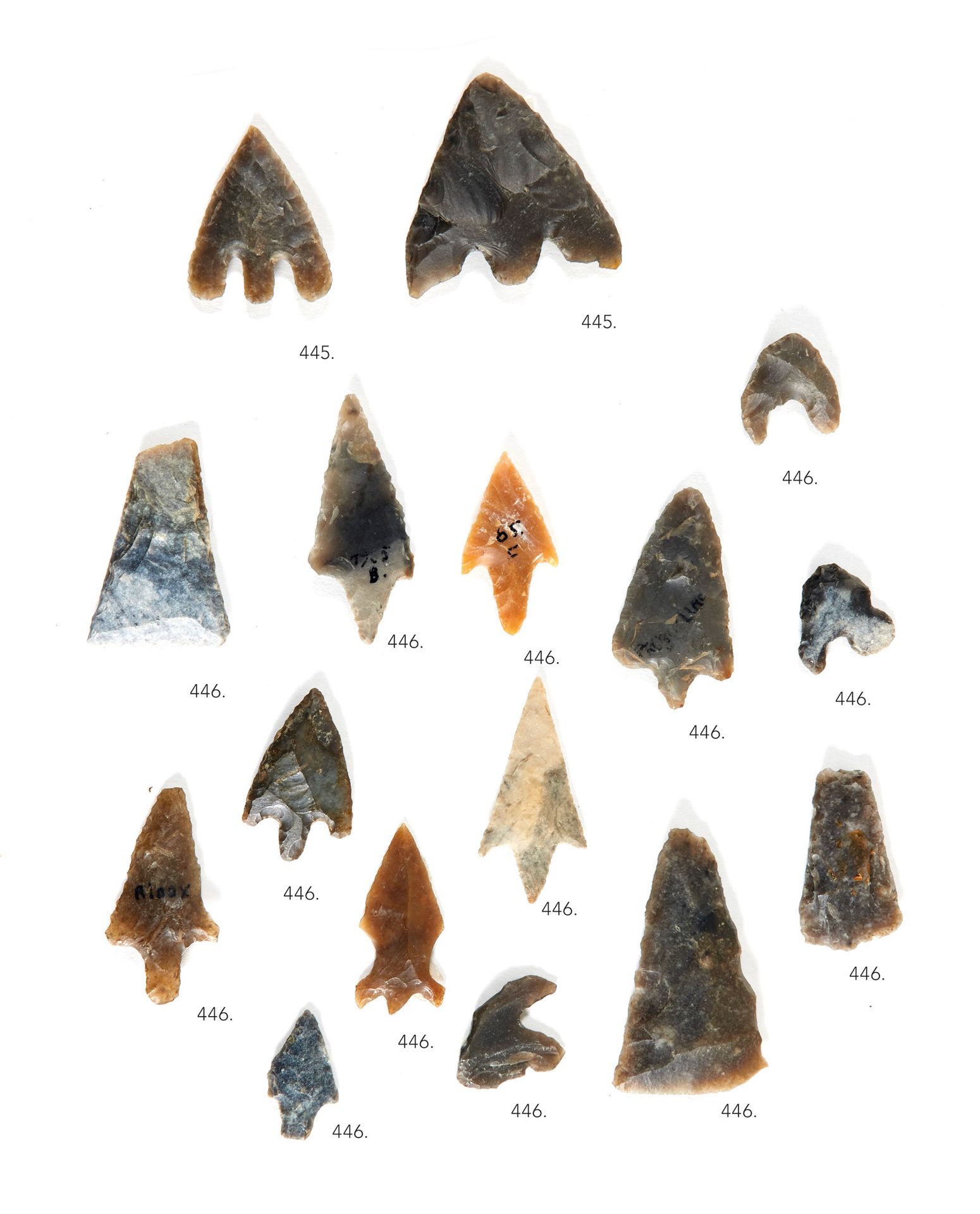 LOT 地段

十四支带翅膀和梗的箭头

灰色火石

法国, 新石器时代

从1.5到4厘米

铭文 "Puy Richard 8 mai 59"，"Riaux&hellip;