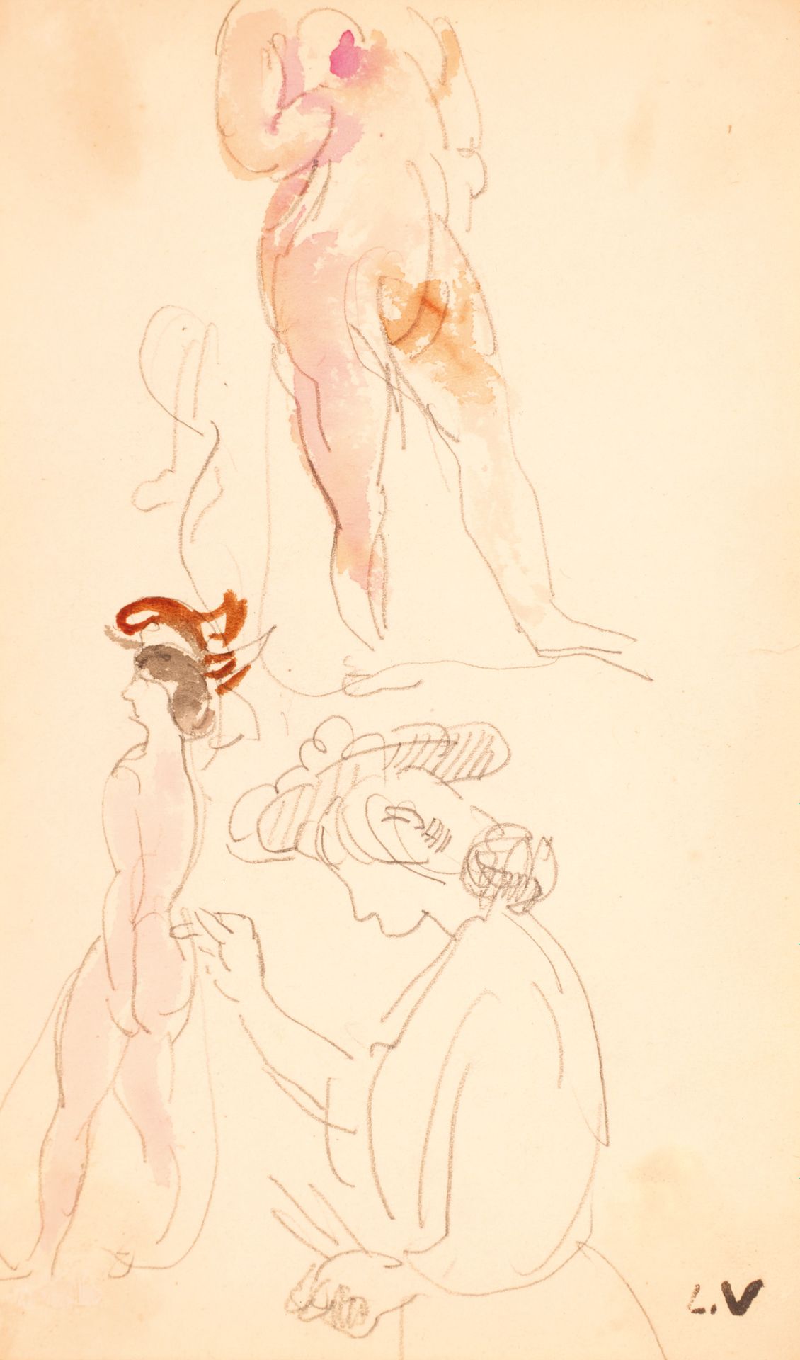 Louis VALTAT (1869-1952) 路易斯-瓦尔塔 (1869-1952)

对两个女人和一个男人的研究。

铅笔和水彩画，右下角盖有单字。

1&hellip;
