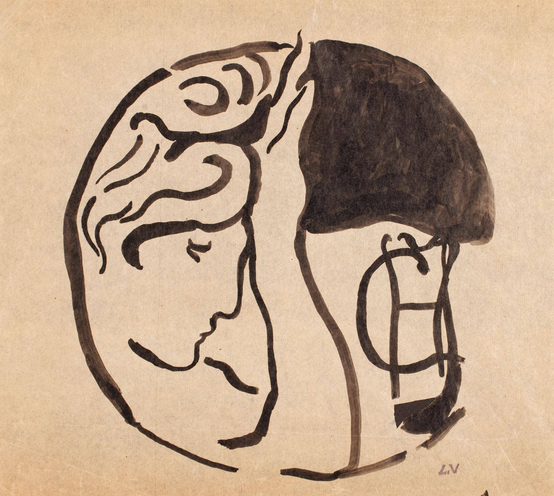 Louis VALTAT ( 1869-1952) 路易斯-瓦尔塔 ( 1869-1952 )

脸。

水墨，前书信的研究，右下角盖有单字。

27 x 30&hellip;