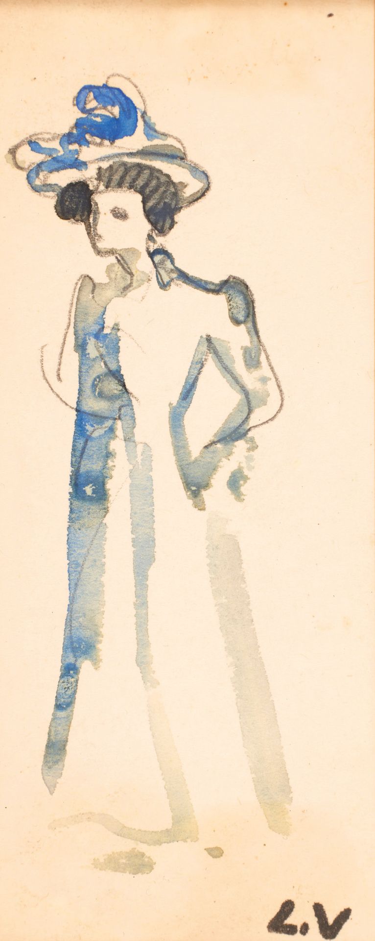 Louis VALTAT (1869-1952) 路易斯-瓦尔塔 (1869-1952)

戴帽子和穿蓝色衣服的女人。

水彩和铅笔，右下方盖有单字。

18.&hellip;