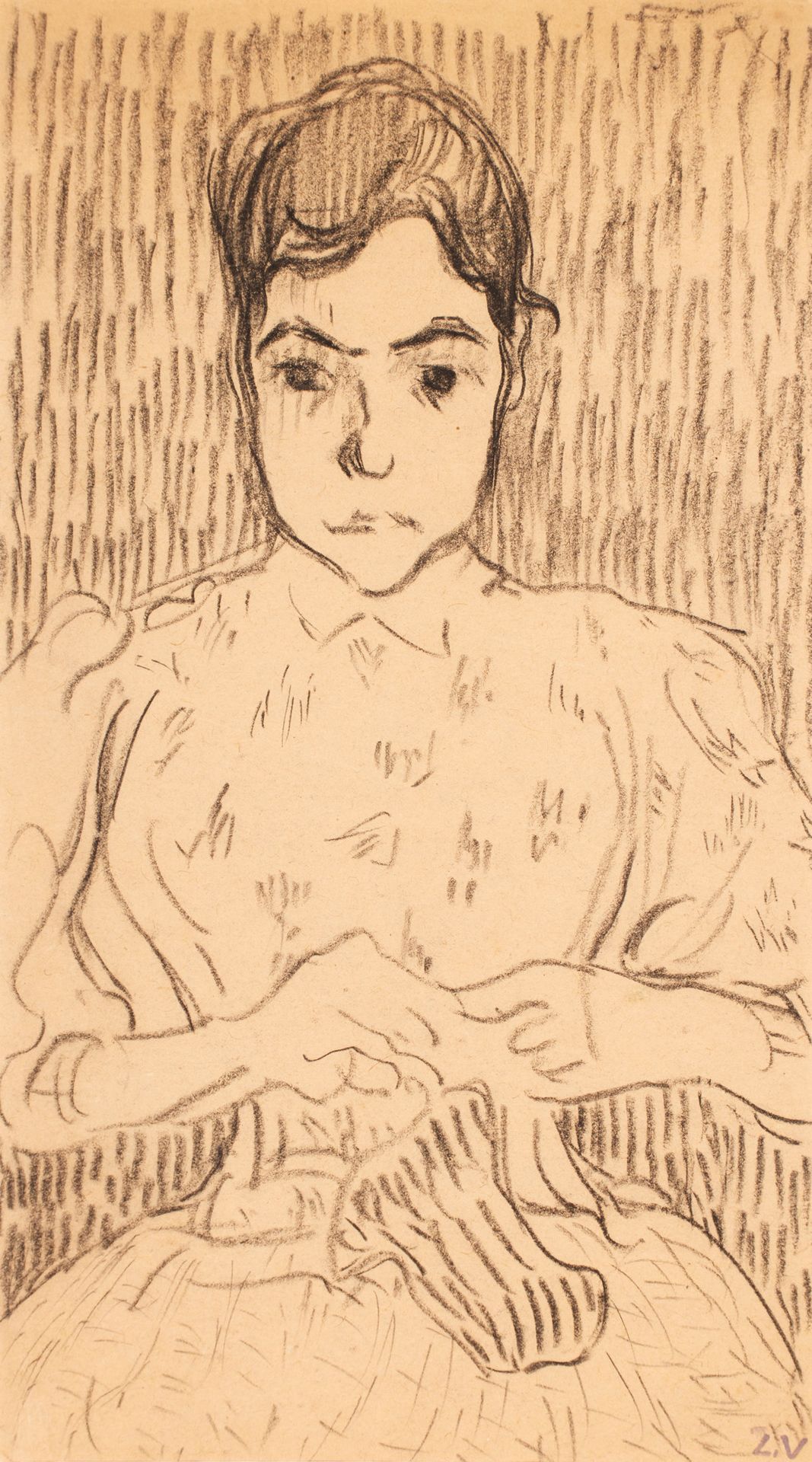 Louis VALTAT ( 1869-1952) 路易斯-瓦尔塔 ( 1869-1952 )

年轻女子编织

素描，右下角盖有单字。

30 x 17 cm
