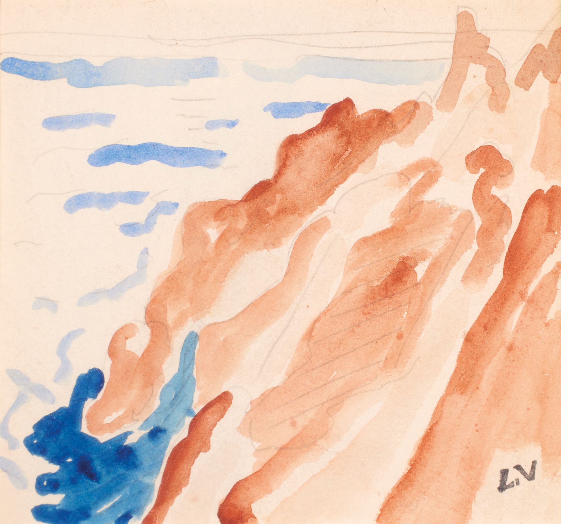 Louis VALTAT ( 1869-1952) 路易斯-瓦尔塔 ( 1869-1952 )

海边的悬崖。

水彩画，右下角盖有单字章。

13,8 x 1&hellip;