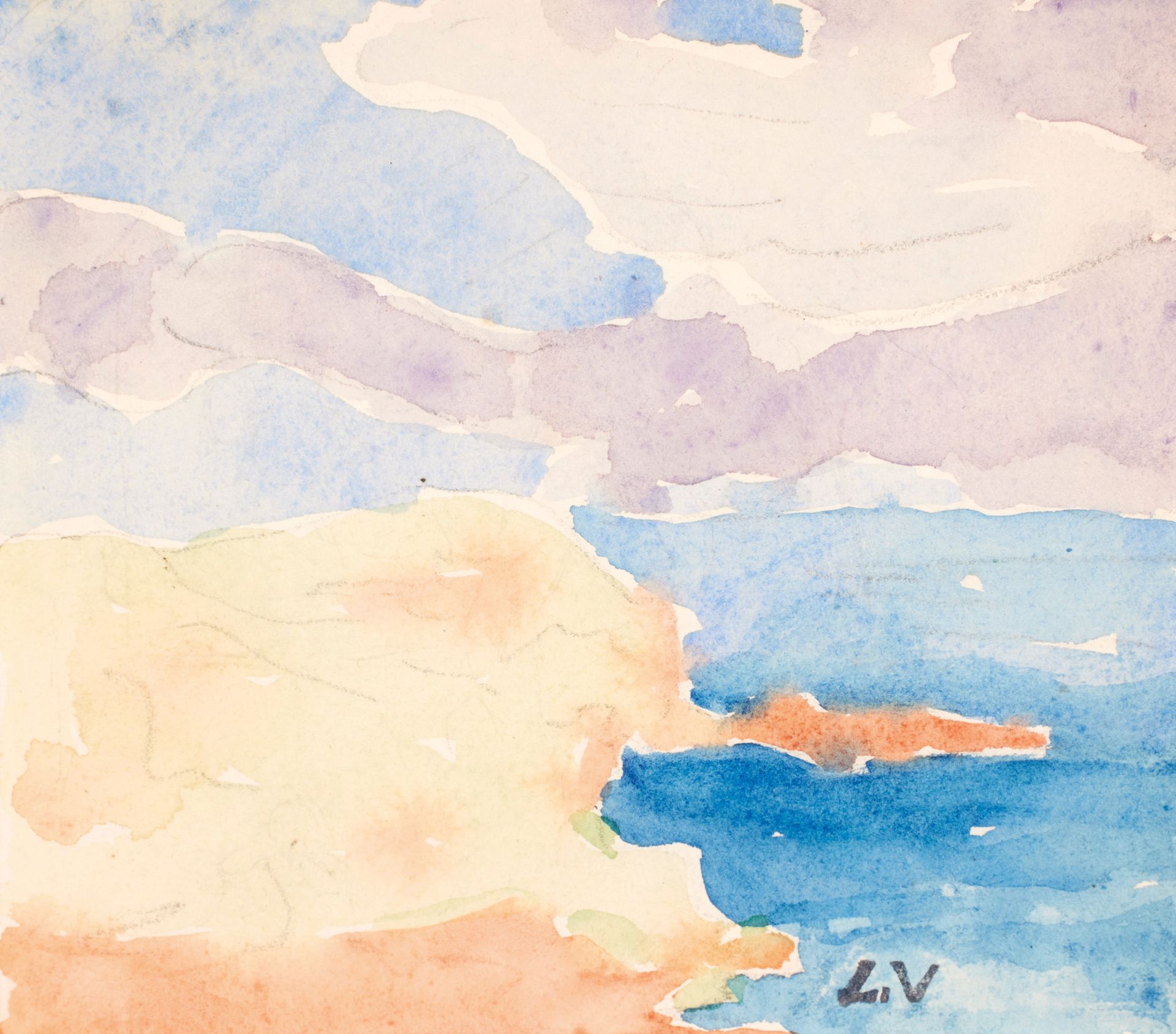 Louis VALTAT ( 1869-1952) 路易斯-瓦尔塔 ( 1869-1952 )

海边

水彩画，右下角盖有单字章。

12,4 x 14 cm