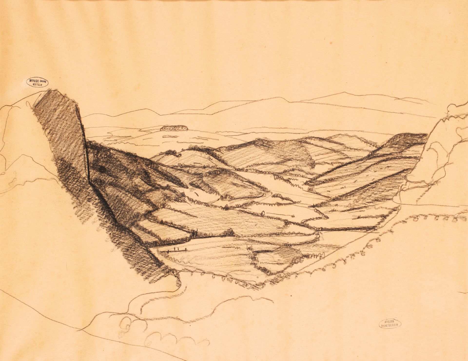 André DERAIN (1880-1954) 安德烈-德兰(André DERAIN) (1880-1954)

丘陵景观

纸上炭笔，两个工作室的印章。
&hellip;