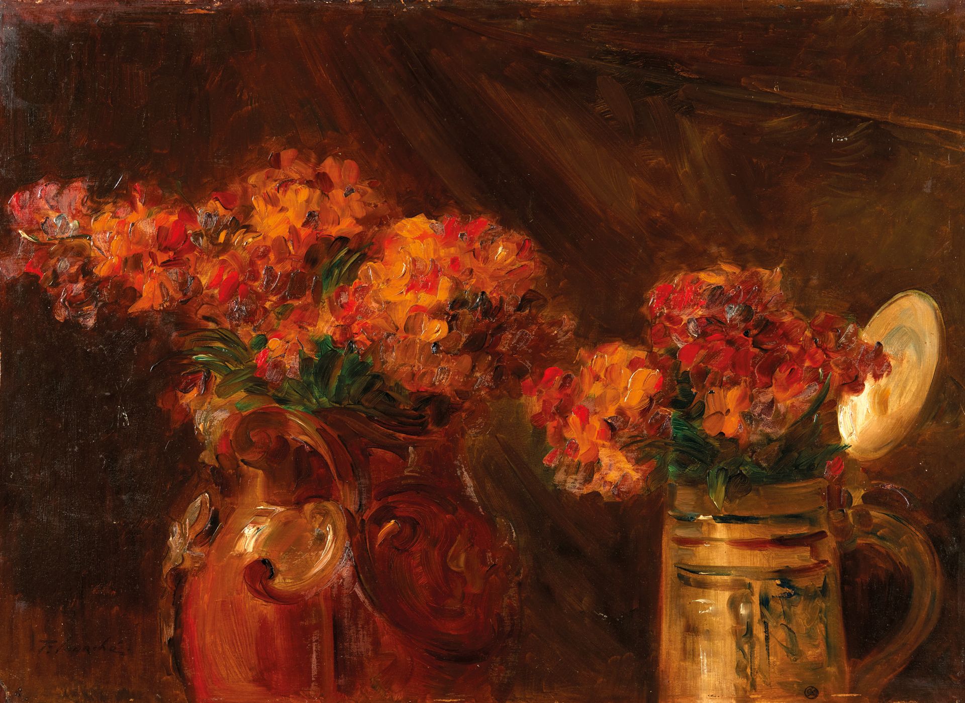Félix COURCHE (1863 - 1944) 费利克斯-库尔切 (1863 - 1944)

静物与壁花。

纸上油彩裱在纸板上，左下角有签名。

3&hellip;