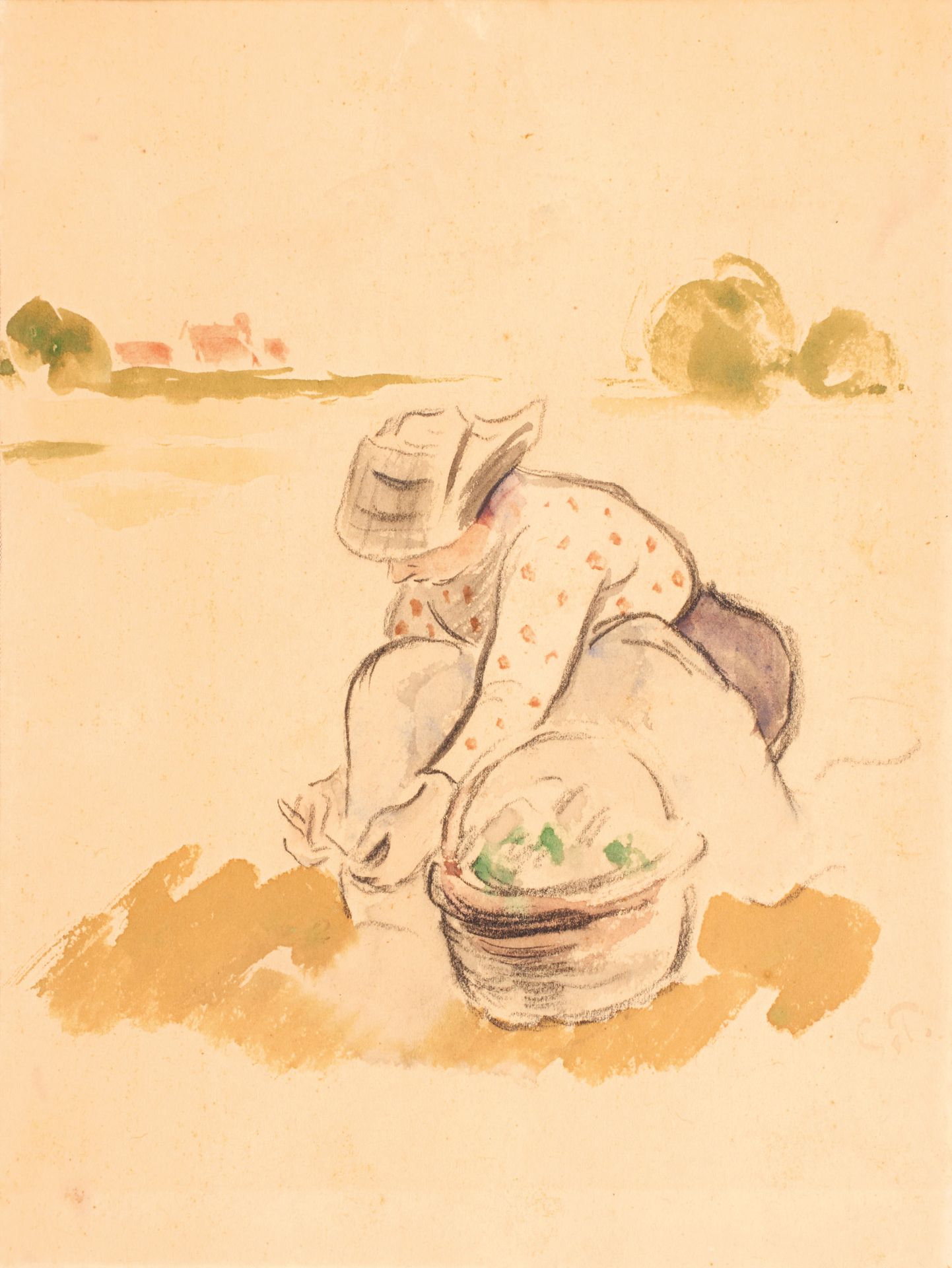 Camille PISSARRO (1830-1903) 卡米尔-皮萨罗 (1830-1903)

年轻女子跪在她的篮子旁。

右下角有水彩画单字。

20 x&hellip;