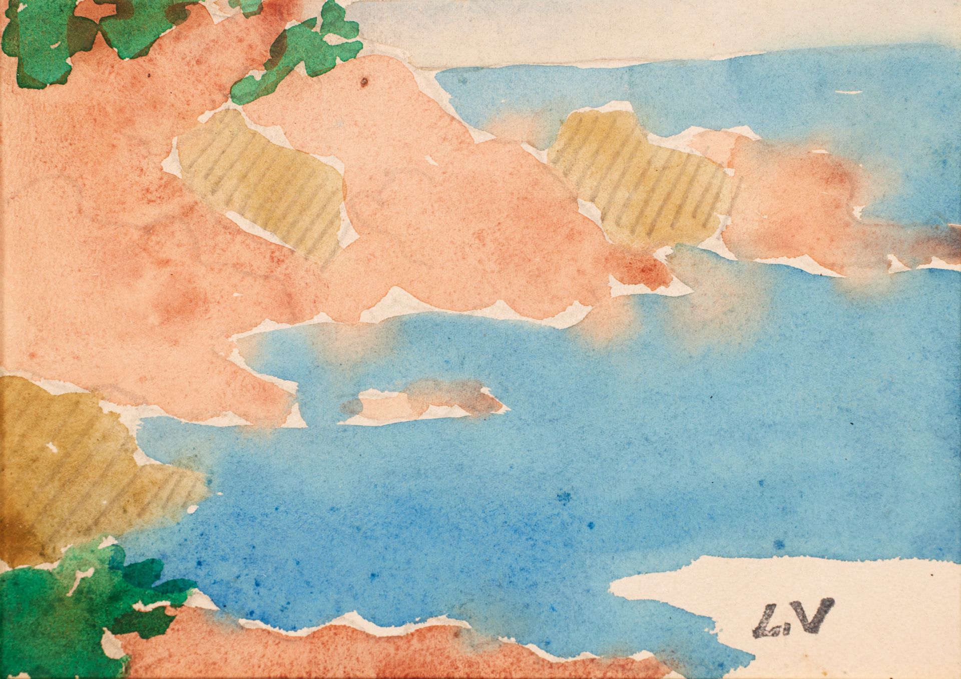 Louis VALTAT ( 1869-1952) 路易斯-瓦尔塔 ( 1869-1952 )

海面上的红色岩石。

水彩画，右下角盖有单字章。

10,2 &hellip;