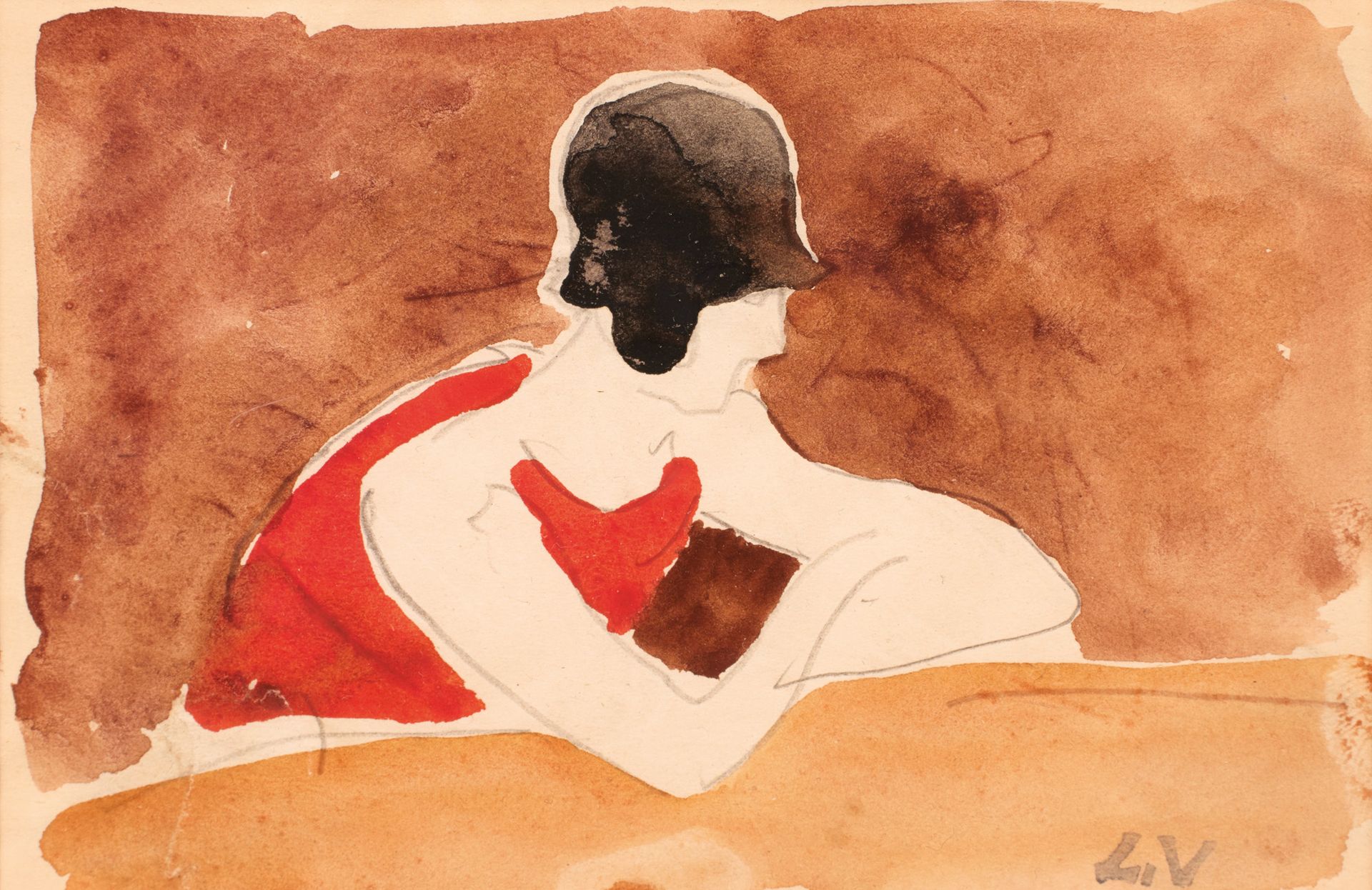 Louis VALTAT (1869-1952) 路易斯-瓦尔塔 (1869-1952)

靠在黑色帽子上的女人。

水彩画，右下角盖有单字章。

9.5 x &hellip;