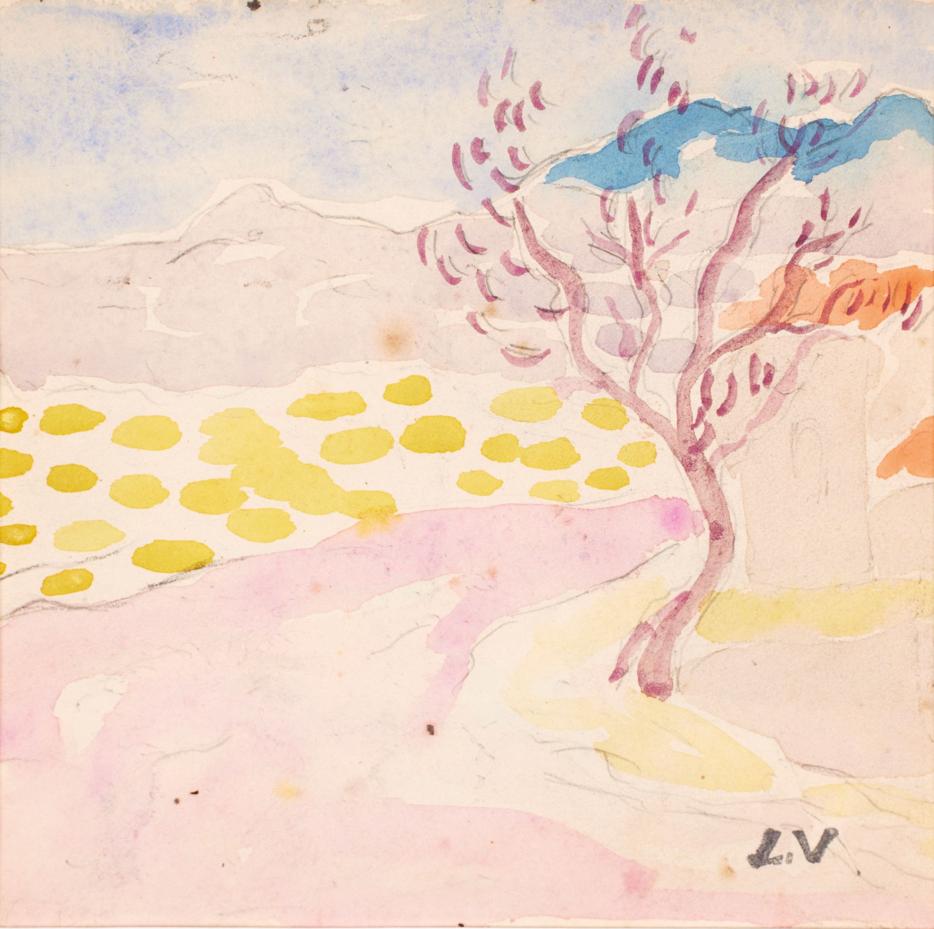 Louis VALTAT (1869-1952) 路易斯-瓦尔塔 (1869-1952)

景观与一棵树

水彩画，右下角盖有单字章

13,8 x 13,8 &hellip;