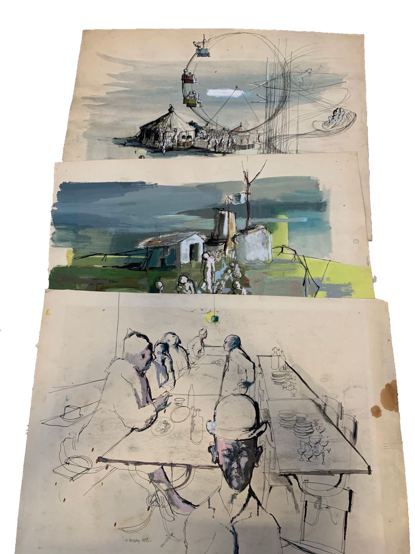Null 埃尔韦-杜布利（1935-2005）

一套三件的纸上作品

各种技术，有签名和日期的54、55、56

76 x 58厘米，最大的一个



包括同&hellip;