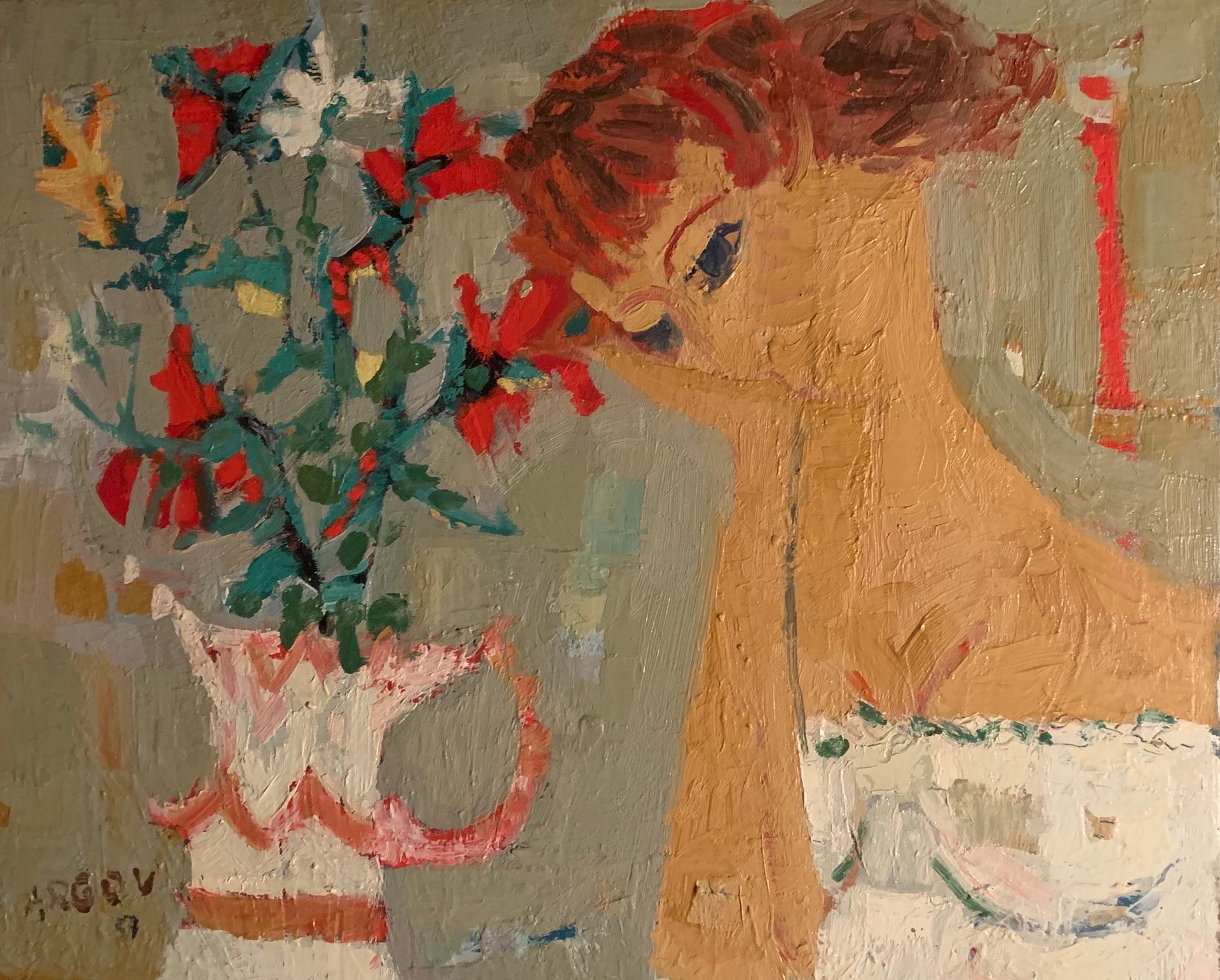 Null 
迈克尔-阿戈夫(1920-1982)

捧着一束花的女人

布面油画，左下方有签名和日期，背面有会签

60 x 72,5 cm