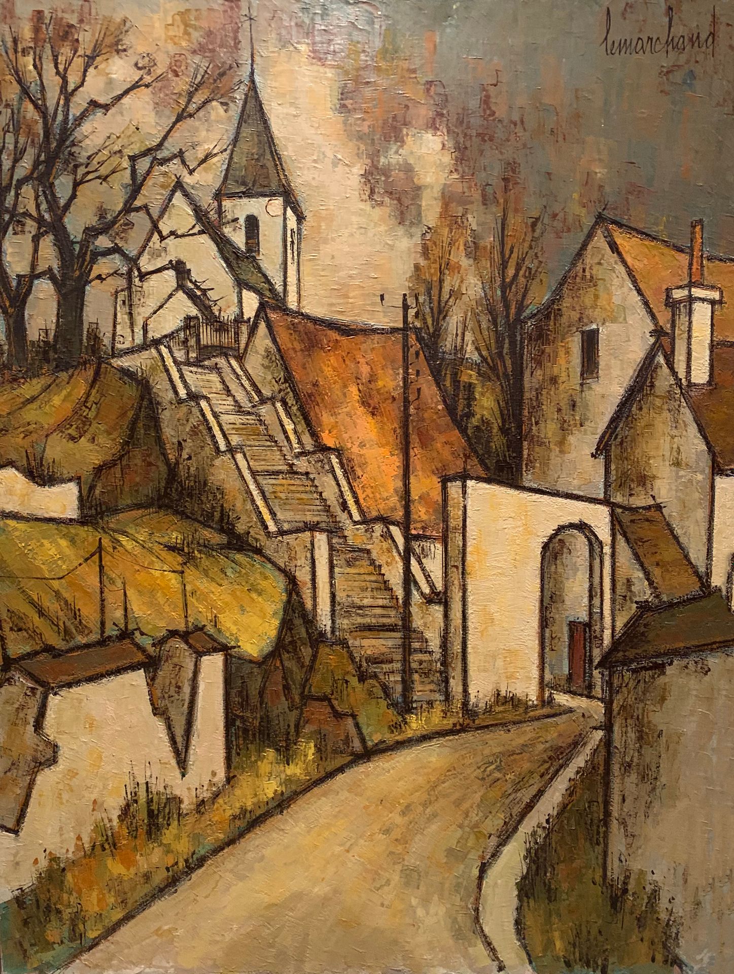 Null 皮埃尔-莱马赫德 (1906-1970)

通往教堂的楼梯

布面油画，右上角有签名

116 x 89 cm。